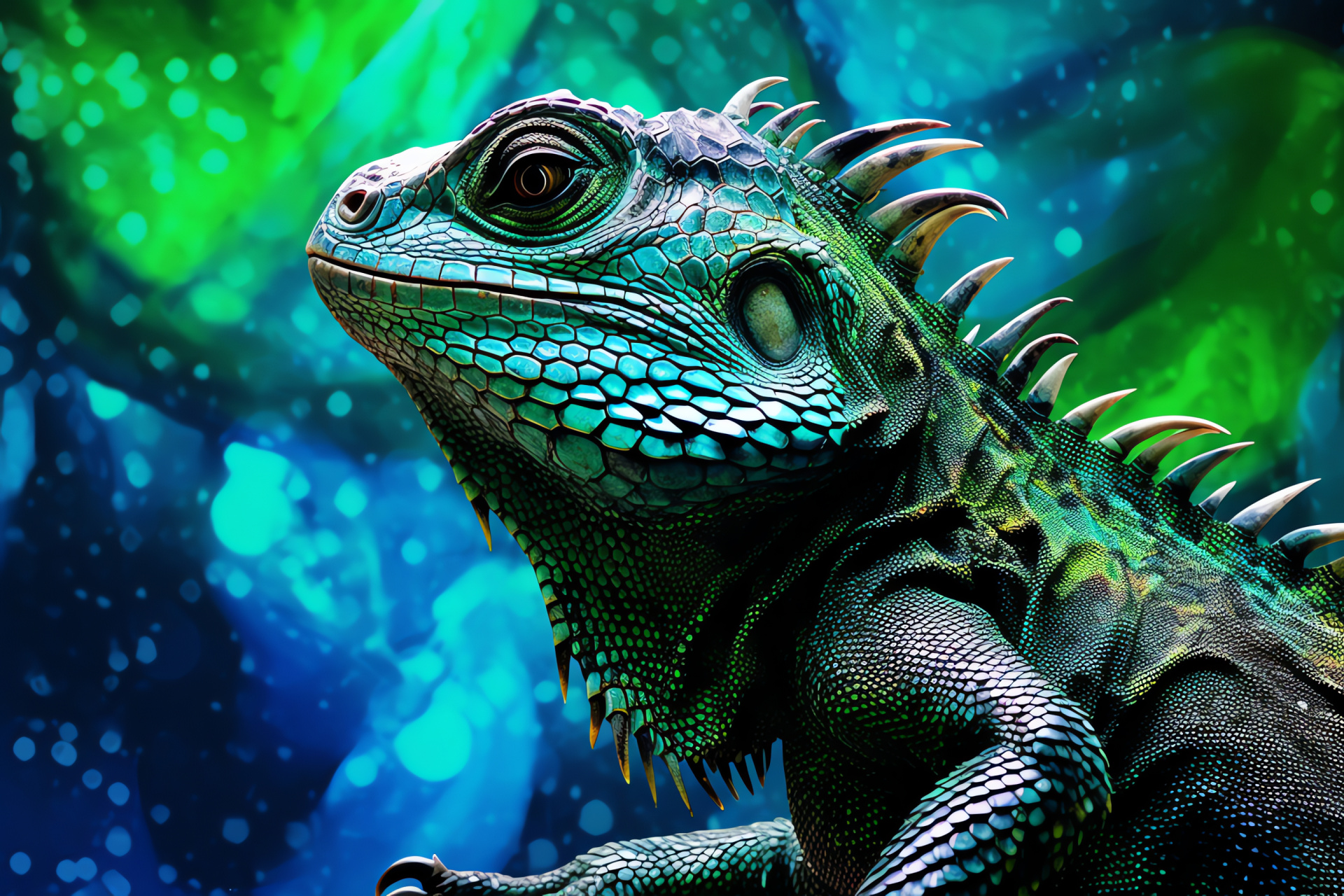 Water Dragon, reptile creature, Aquatic habitat, Emerald and blue hues, Exotic animal, HD Desktop Wallpaper