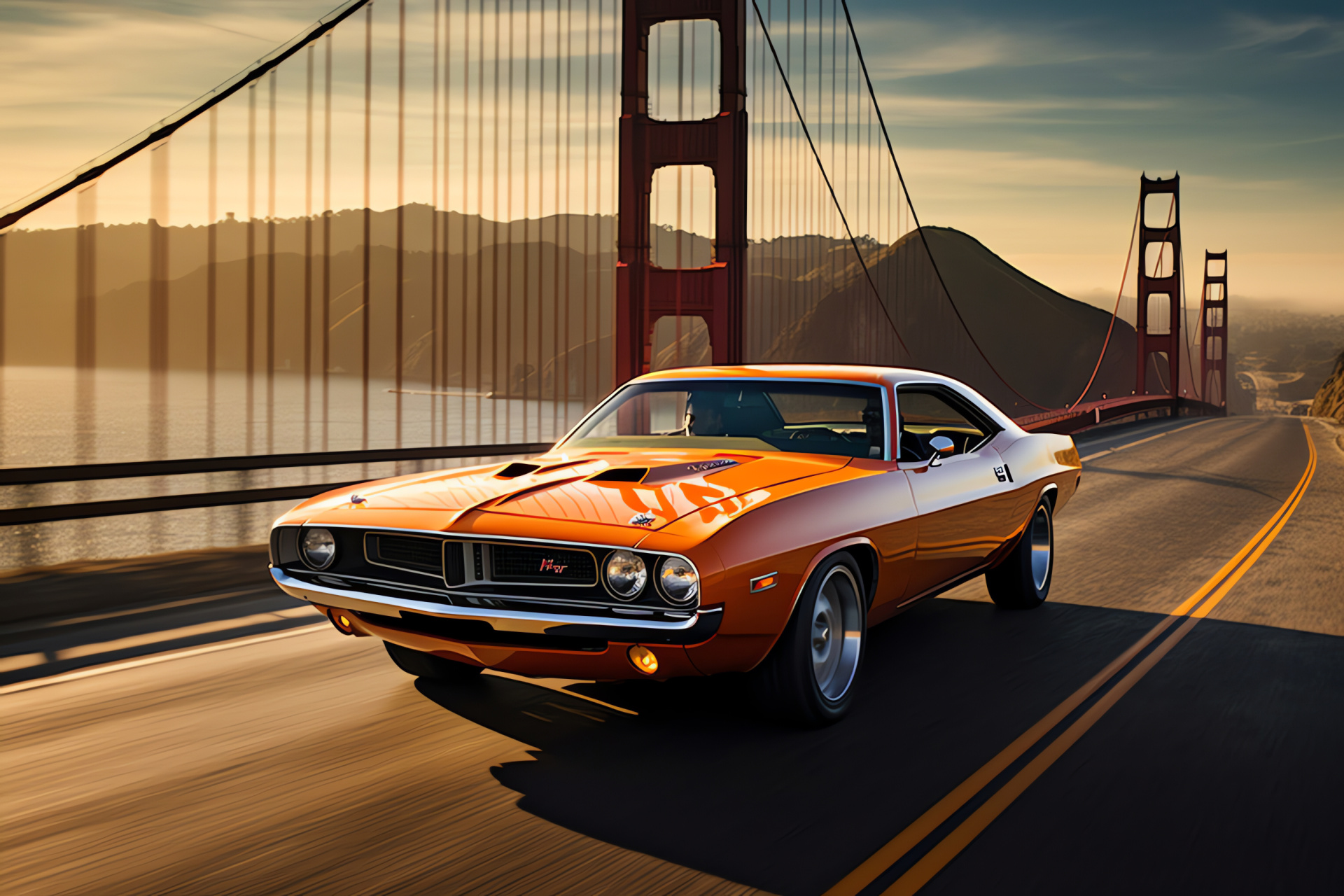 Muscle car Plymouth Barracuda, San Francisco charm, Iconic hill streets, Majestic Golden Gate access, Automotive classic, HD Desktop Image