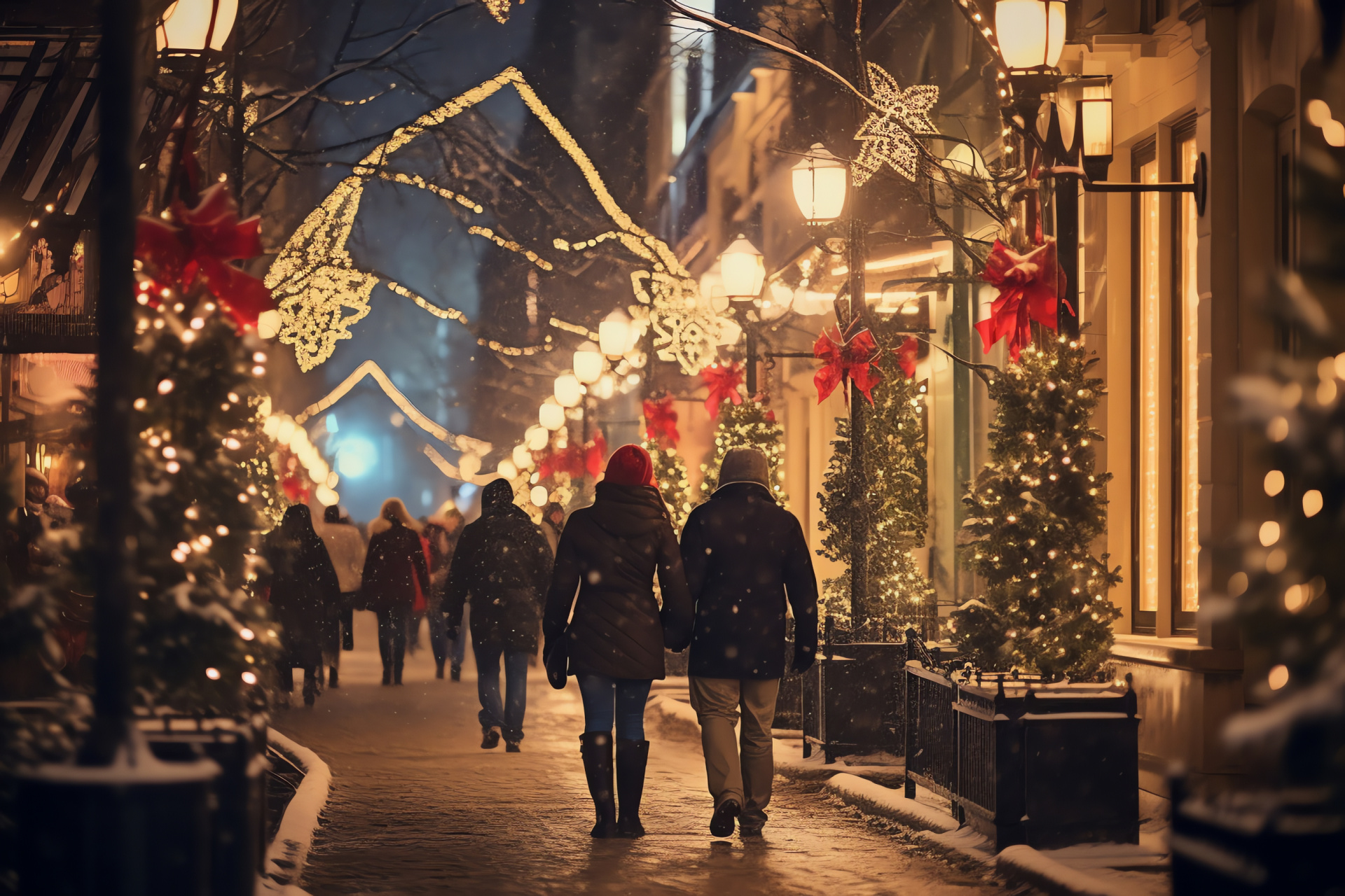 Yuletide urban lights, Snow-dusted cityscape, Evening bustle, Festive winter attire, Seasonal city ambiance, HD Desktop Image