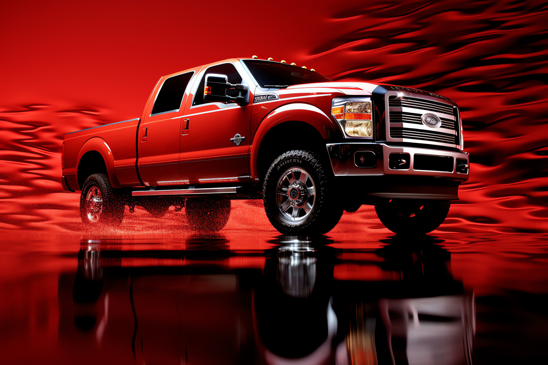 Powerstroke authority, Broad perspective force, Red dramatic background, Engine innovation, Deep power impression, HD Desktop Image