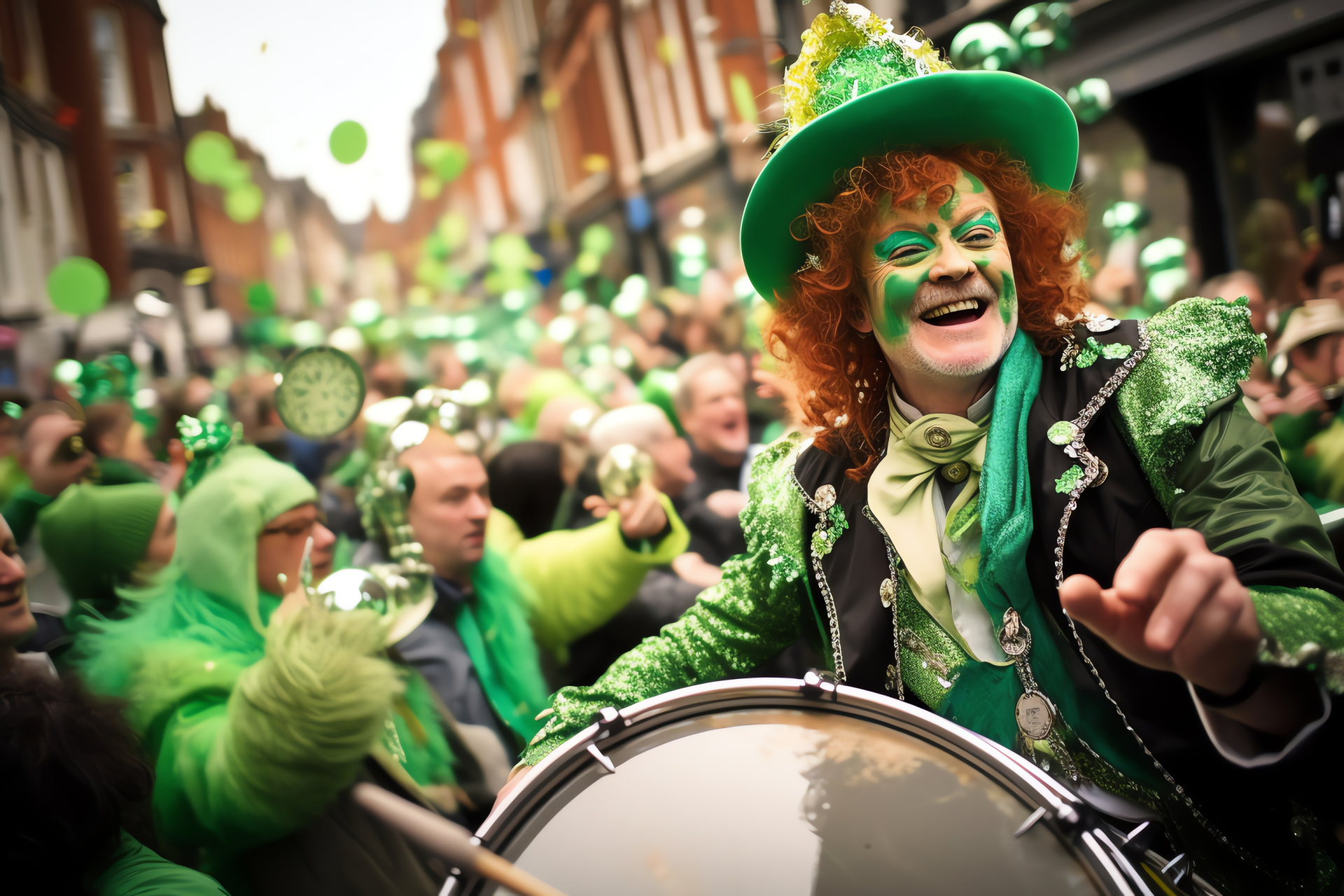 Ireland's patron saint festivities, Dublin merrymaking, Leprechaun's homeland pageantry, Green-clad partygoer, Gaelic tradition march, HD Desktop Image