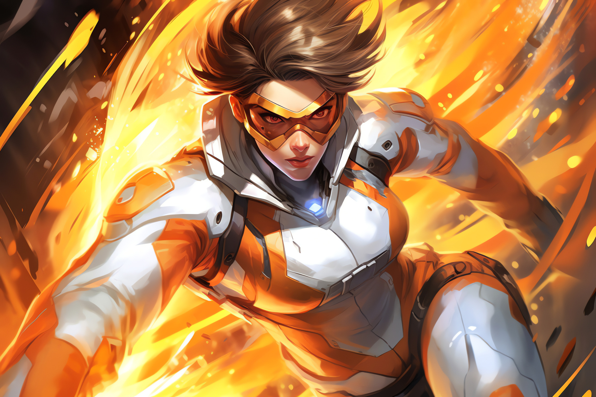 Tracer gameplay, Overwatch game, Pulse weaponry, Science fiction setting, Orange-clad protagonist, HD Desktop Wallpaper