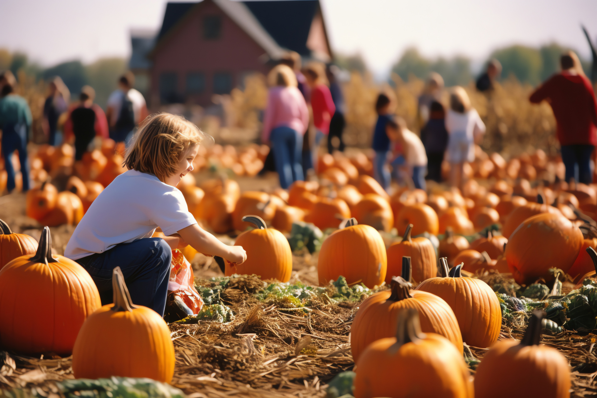 Field day, pumpkin lineup, joyous games, rustic setting, vibrant harvest, HD Desktop Image