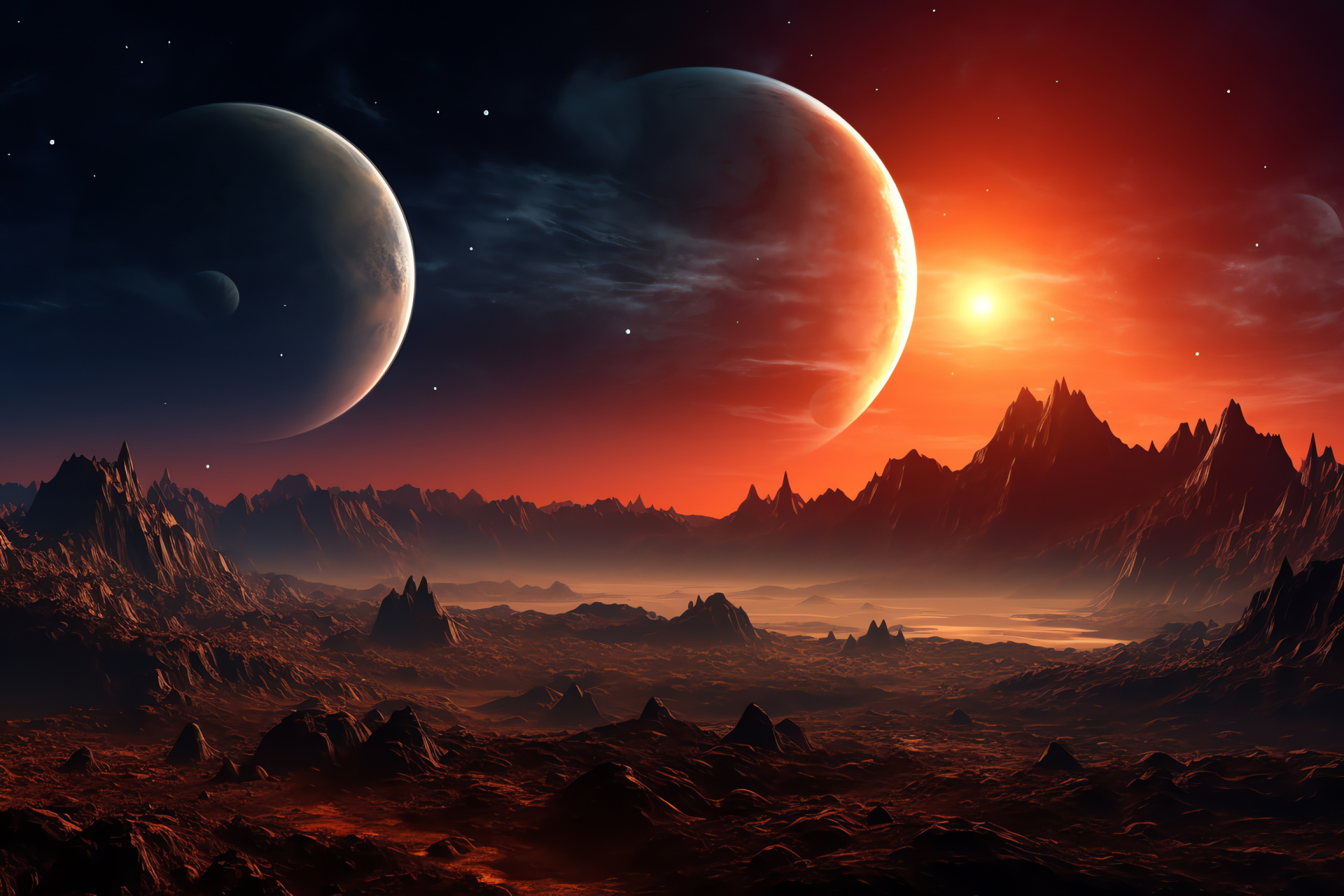 Extraterrestrial terrain, alien globe atmosphere, non-Earthly topography, spectral hues, astral brilliance, HD Desktop Wallpaper