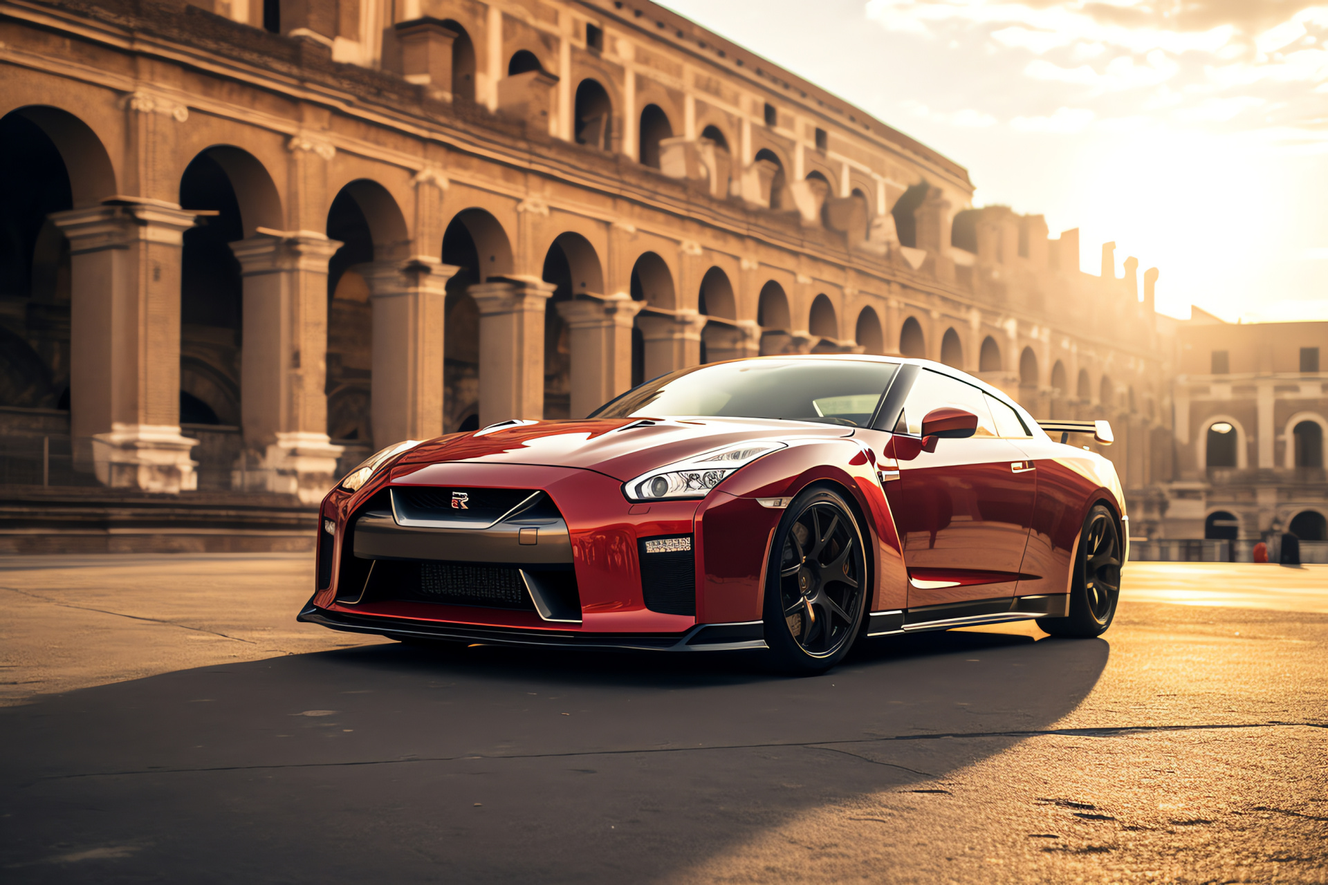 Nissan GTR sports vehicle, Rome's ancient sites, Italian capital view, Panoramic cityscape, Historic Roman architecture, HD Desktop Wallpaper