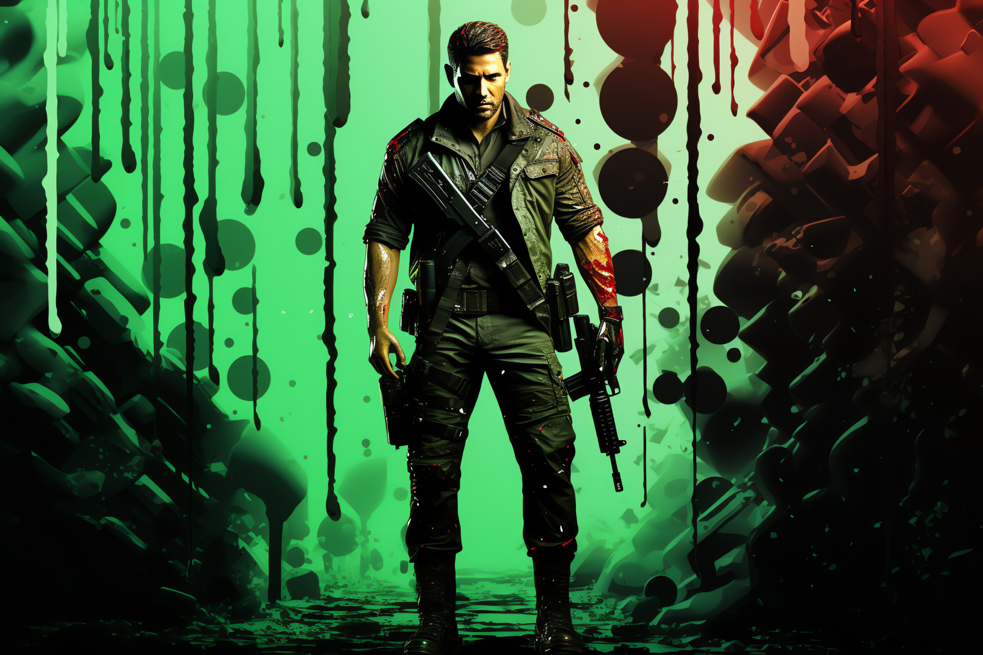 Chris Redfield, battle-ready stance, survival game, muscular hero, single-minded focus, HD Desktop Image