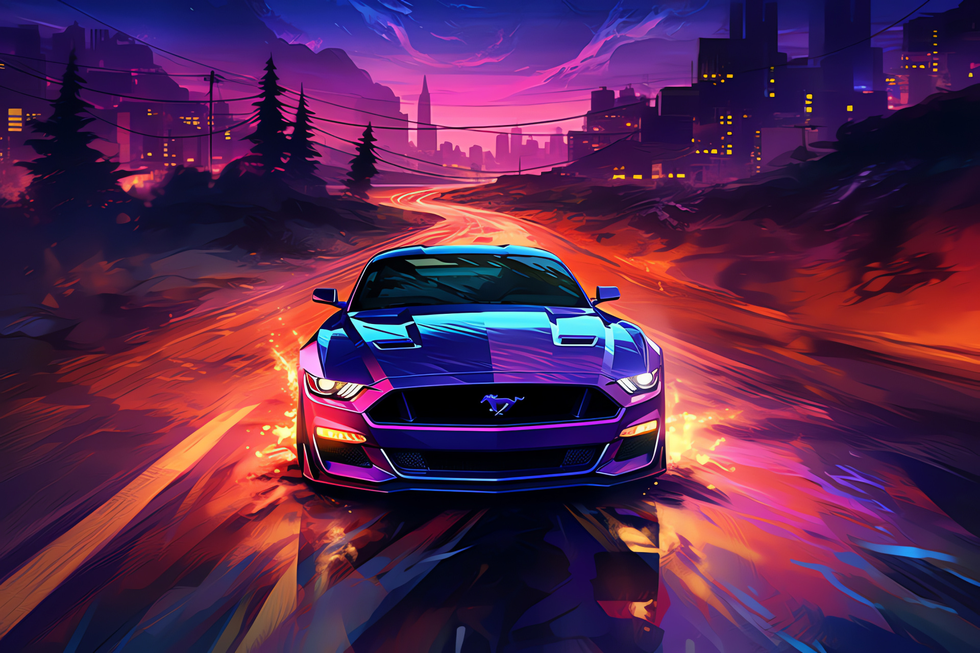 Mustang GT350, Bird's-eye view, Imaginary terrain, Neon palette, Sci-fi theme, HD Desktop Wallpaper