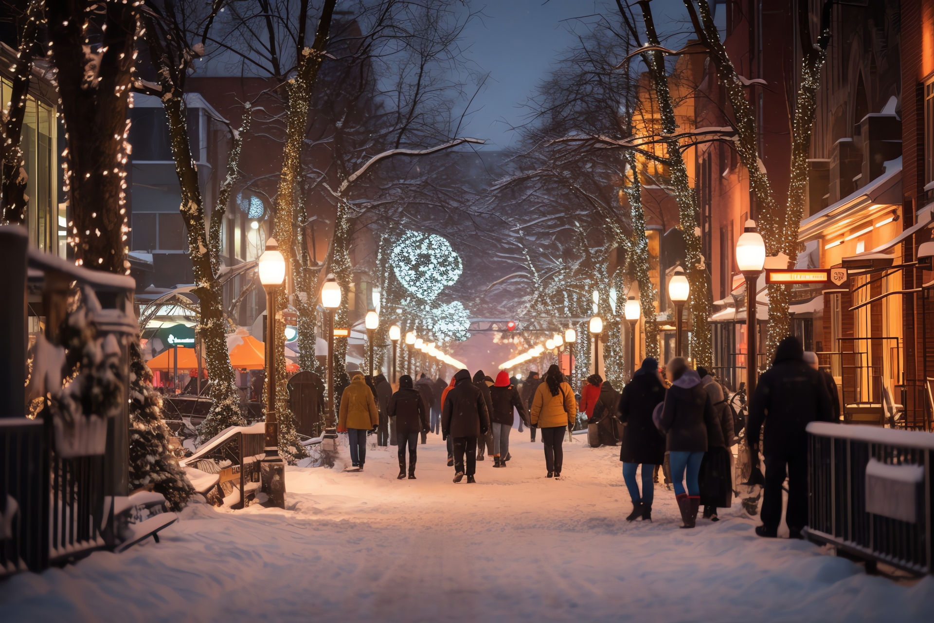 Nocturnal glow, Frosty night, Metropolitan promenade, Winter attire, Evening bustle, HD Desktop Wallpaper