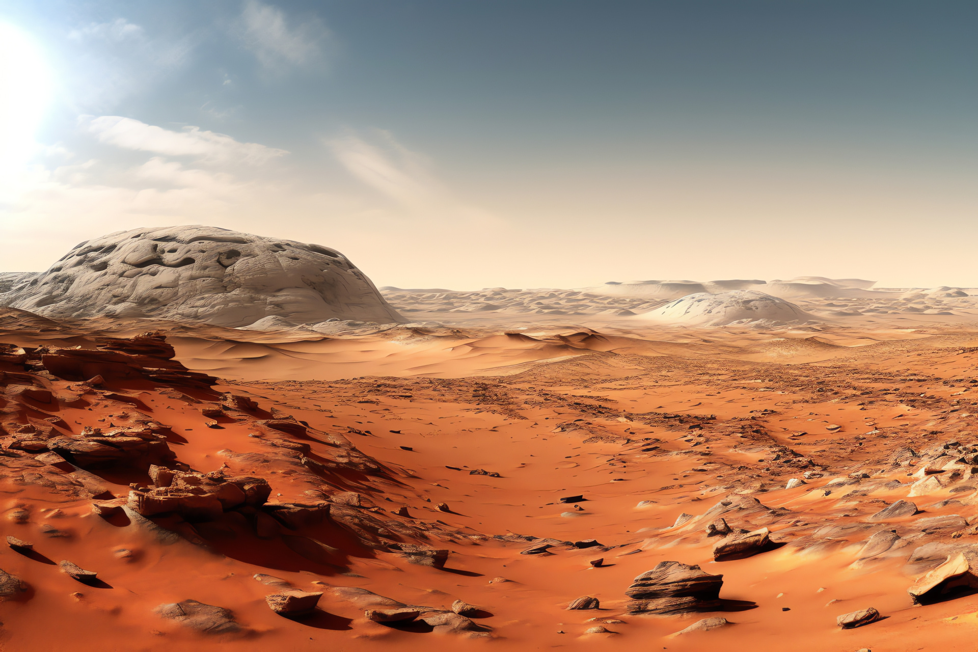 Red Planet Mars, Martian panoramic terrain, Desolate surface, Extraterrestrial desert, Exploration landscape, HD Desktop Wallpaper