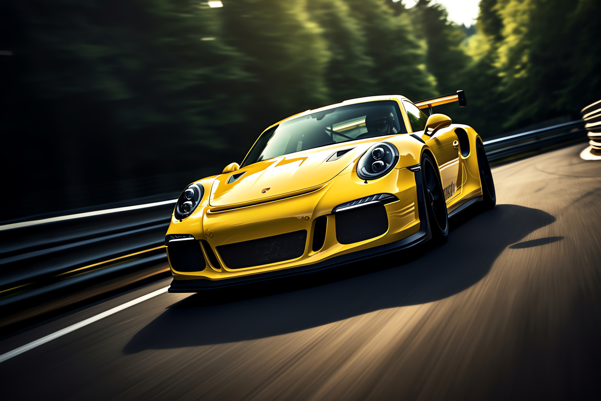 Porsche 911 event, High-velocity racetrack, Nrburgring GT3 RS, Low-position shot, Lemon-toned finish, HD Desktop Image