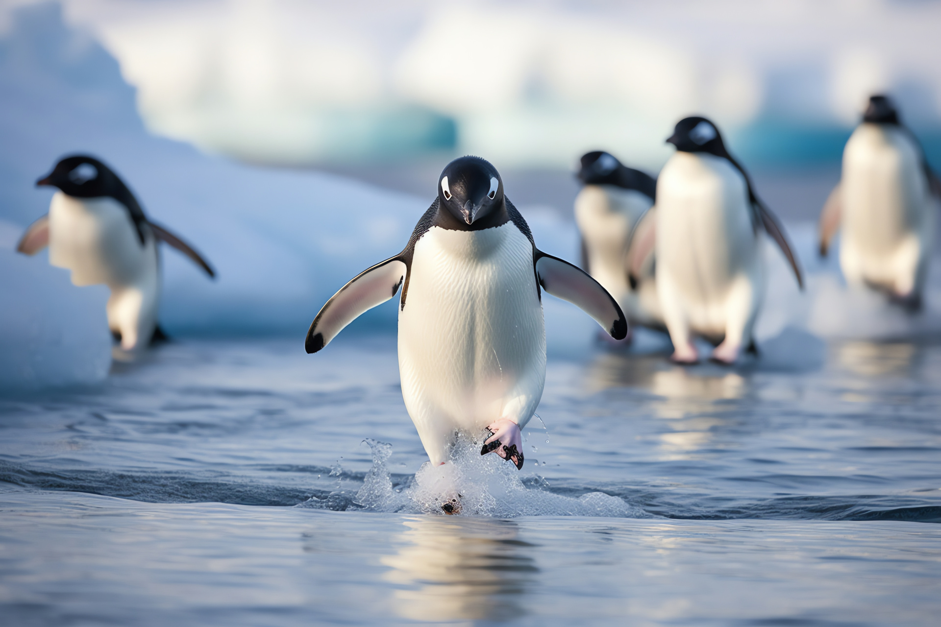 penguins, Antarctic climate, black and white plumage, snow-covered landscape, expressive gaze, synchronized movements, HD Desktop Wallpaper