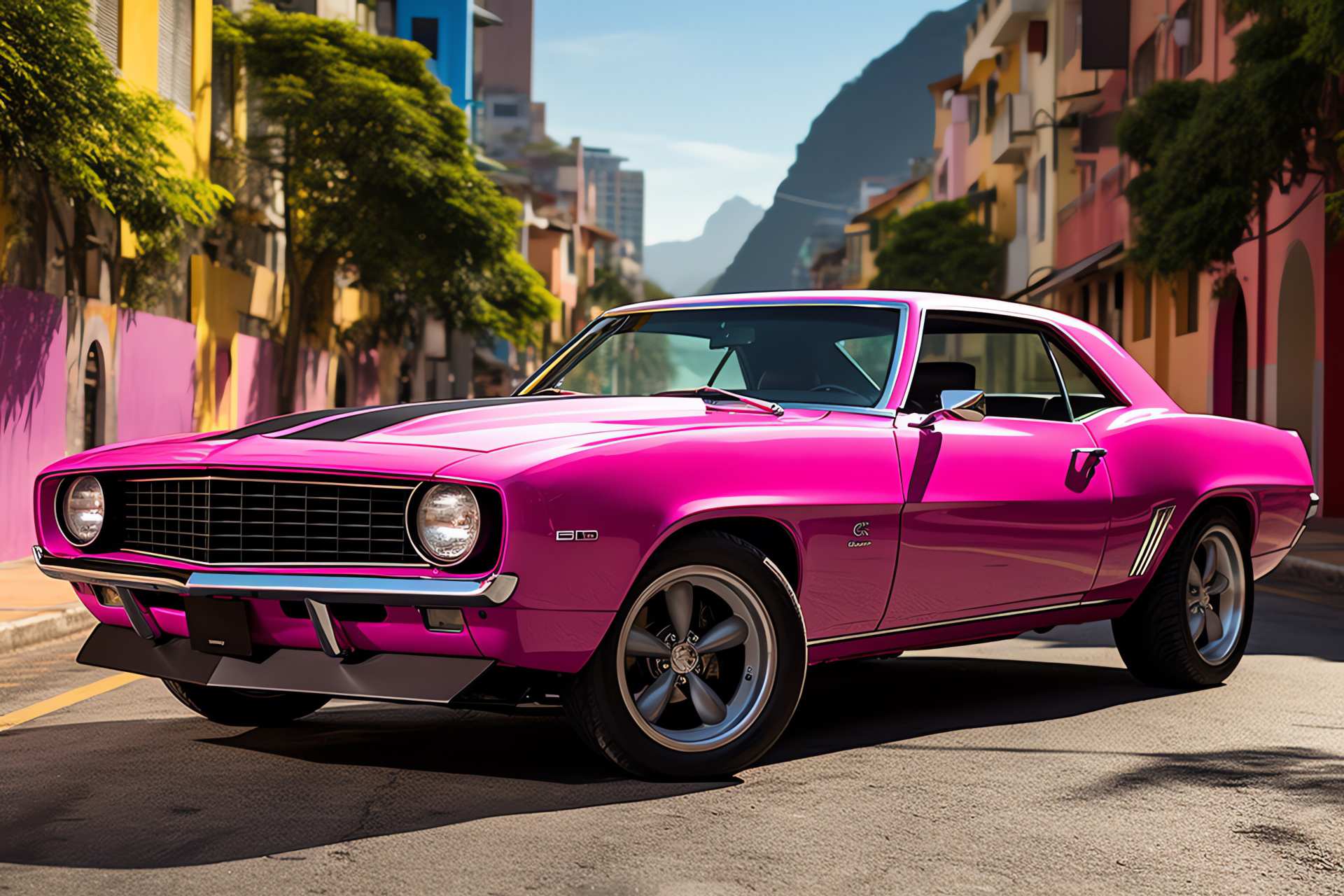 Pink Chevrolet Camaro, vibrant Rio backdrop, powerful V8 muscle, Brazilian urban palette, monumental Christ the Redeemer, HD Desktop Wallpaper