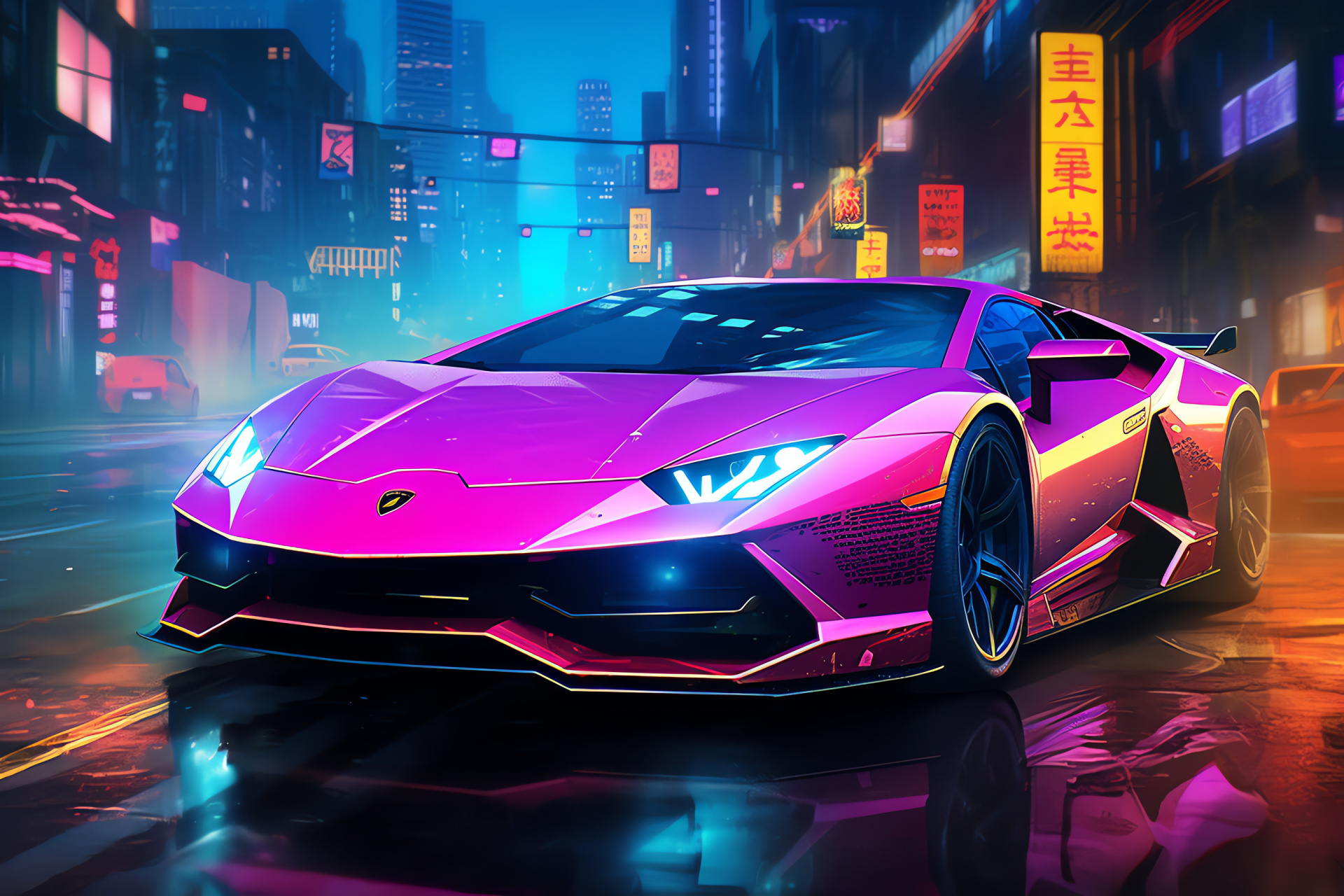 Cyberpunk city Lamborghini, Futuristic neon visuals, Vibrant auto design, Nighttime exotic scene, Urban supercar, HD Desktop Image