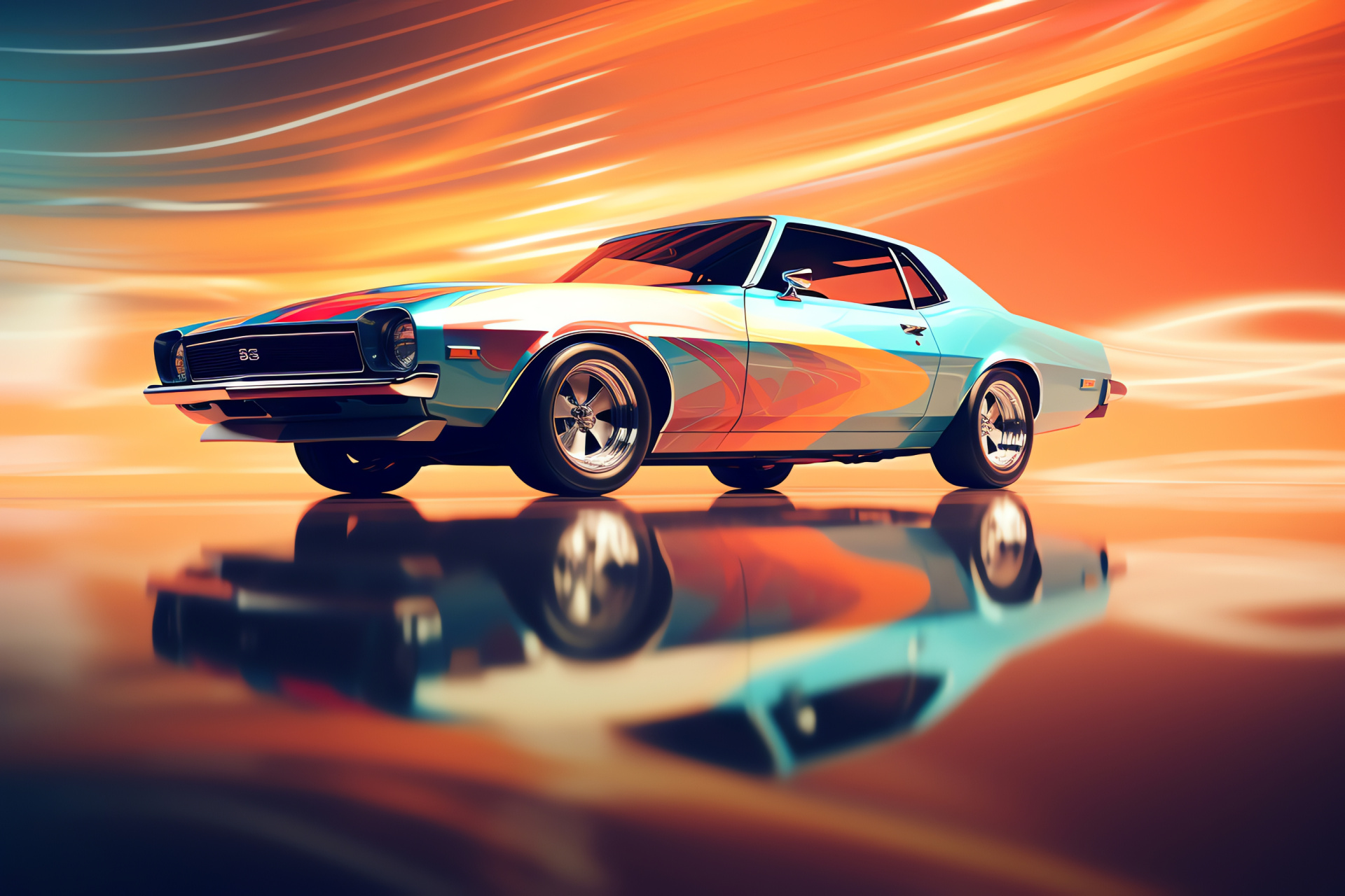 Muscle car dynamics, Geometric design setting, Controlled car drift action, High-gloss vehicle finishes, Automotive precision displayed, HD Desktop Wallpaper