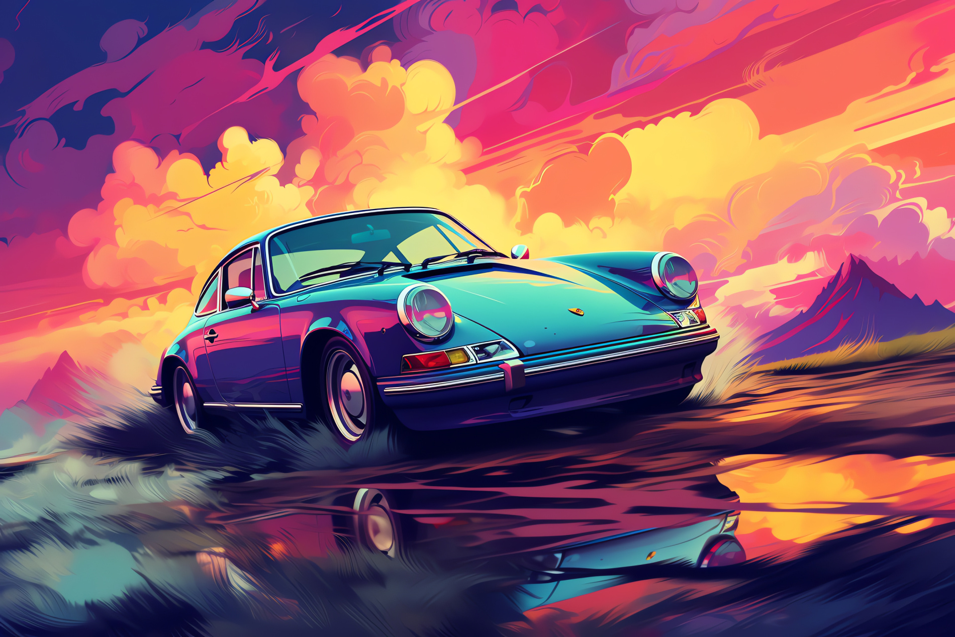 Porsche 911, Enigmatic terrain, Cloud-swept skyline, Driving dream, Visionary design, HD Desktop Image