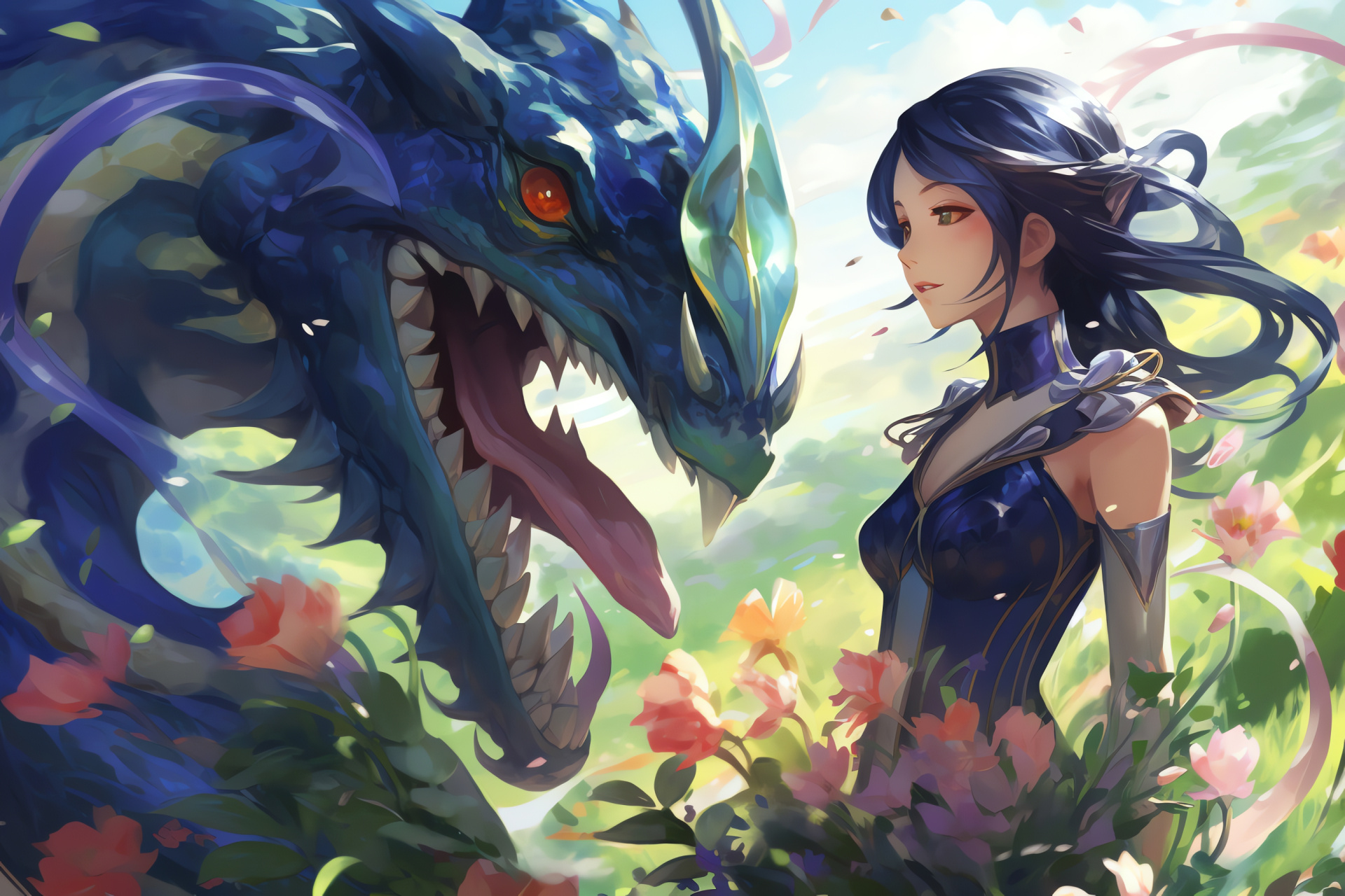 Cynthia character, Sinnoh region setting, Pokemon battle, Serene garden arena, Garchomp companion, HD Desktop Wallpaper