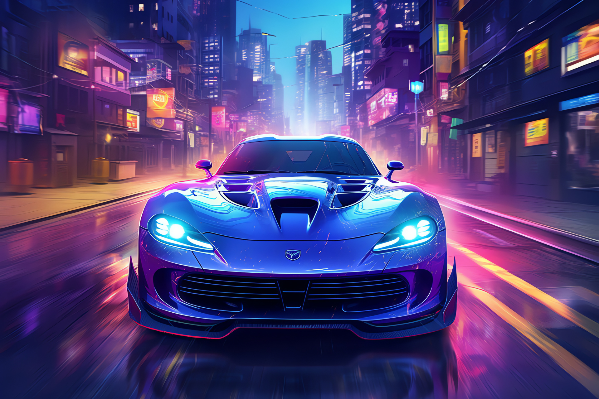 Srt Viper GTS-R, Electronic-themed urban nightscape, Skyline view, Luminous urban expressways, HD Desktop Wallpaper