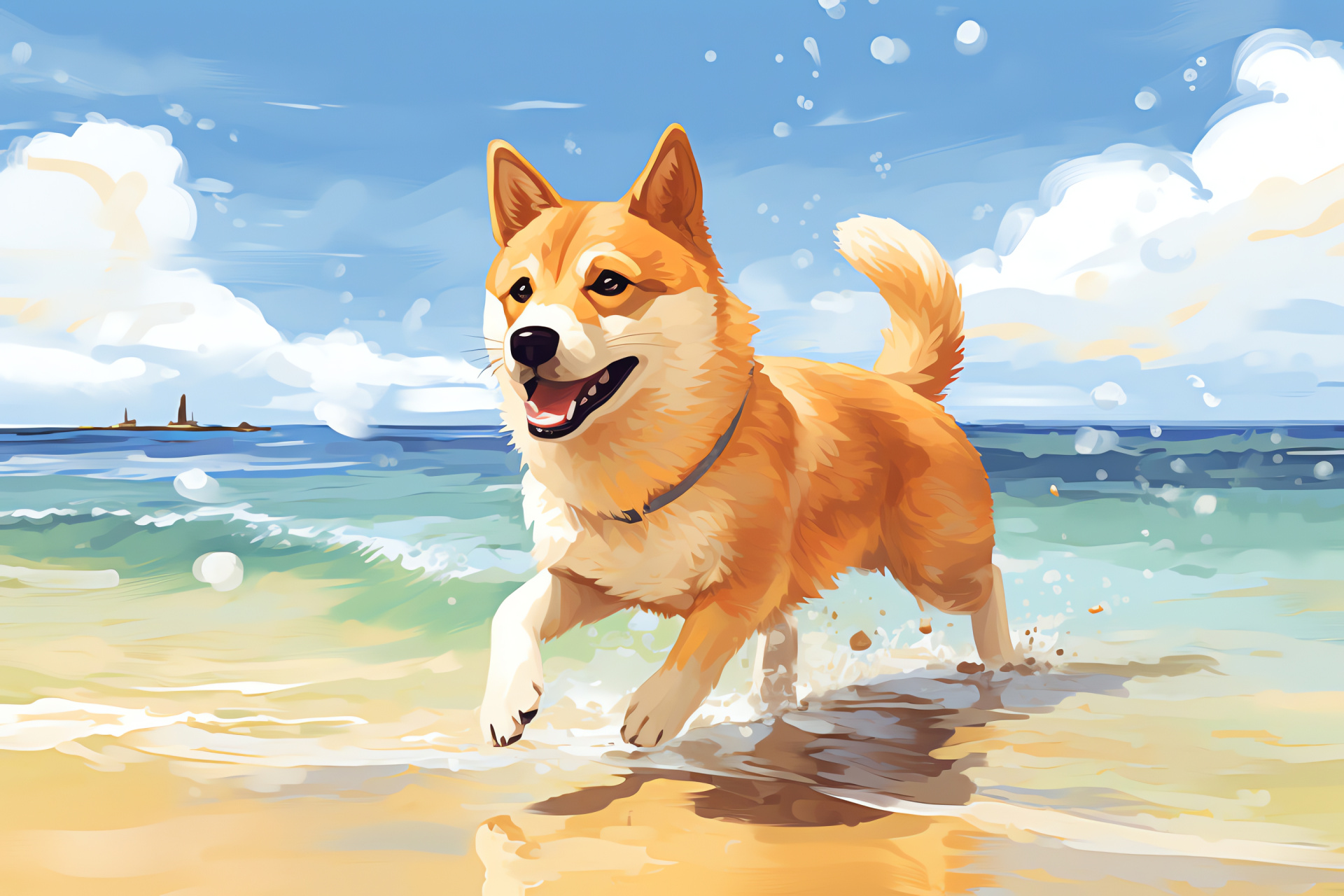 Shiba Inu adventure, beach exploration, sandy shores, active breed, shoreline frolic, HD Desktop Image