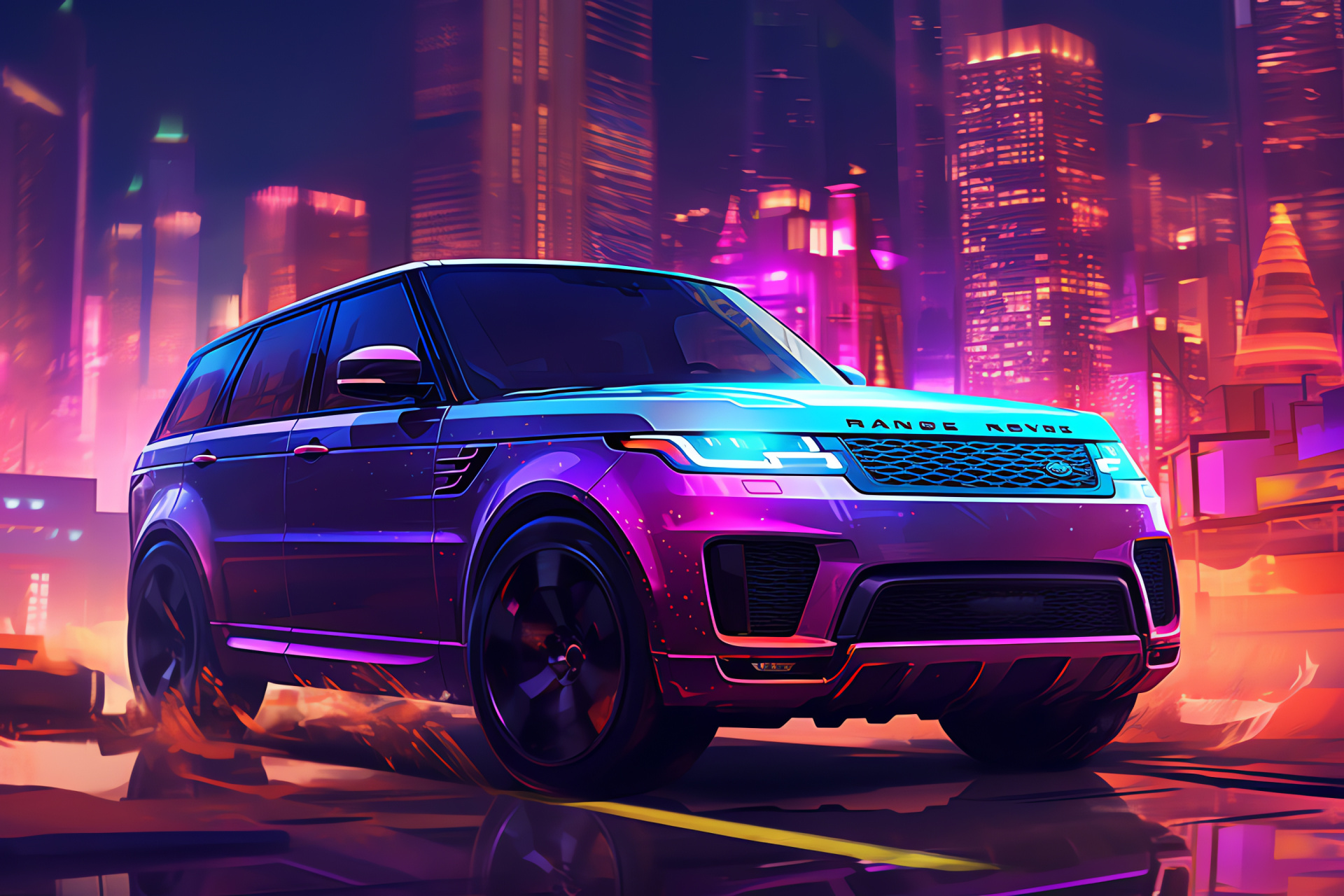 Range Rover cyberpunk, Future city transport, Aerial urban views, SUV in neon glamour, Elevated luxury, HD Desktop Wallpaper