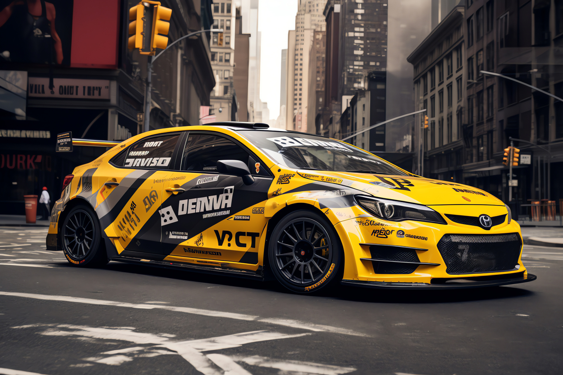 Racing through New York, Dynamic motorsport, City circuit, High-speed competition, Iconic billboards, HD Desktop Image