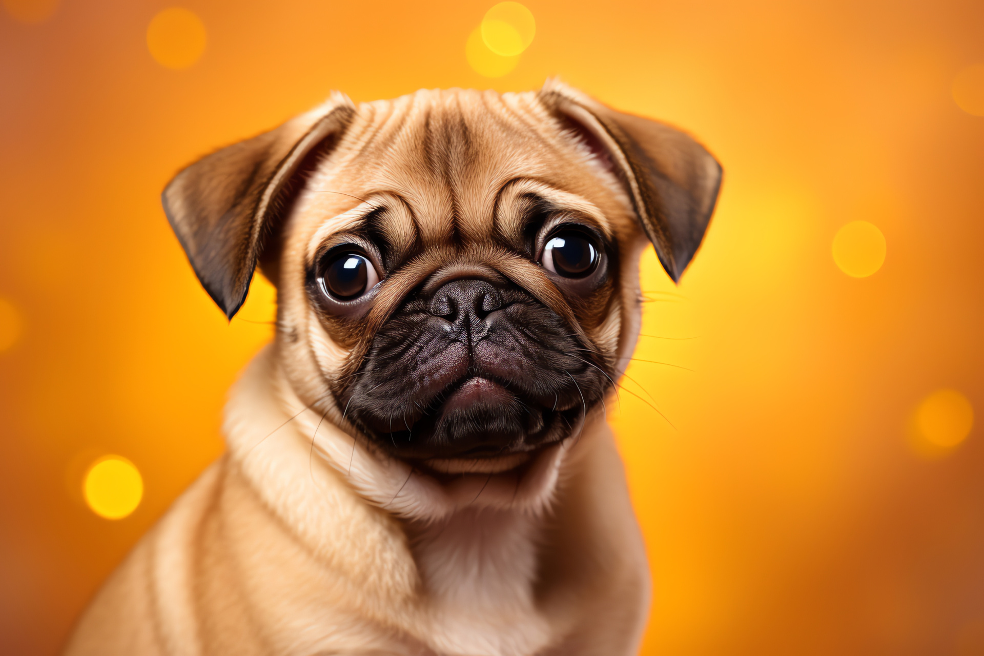 Pug puppy presence, Canine facial close-up, Pug's brown eye detail, Fawn-colored fur texture, Triple-color backdrop design, HD Desktop Image