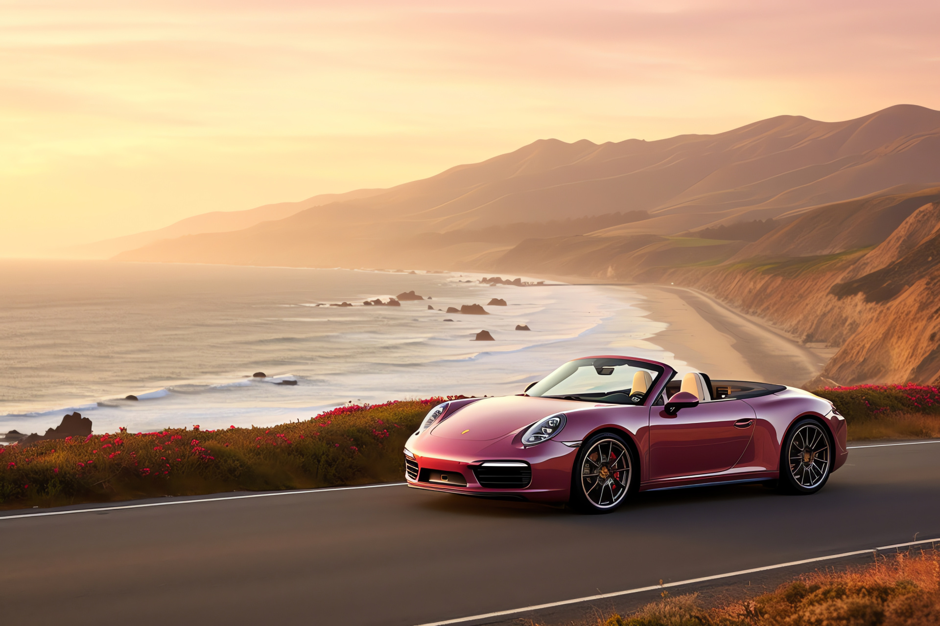 Pink auto, sun-kissed California, classic Porsche 911 Carrera, oceanfront driving, tranquil Pacific views, HD Desktop Wallpaper