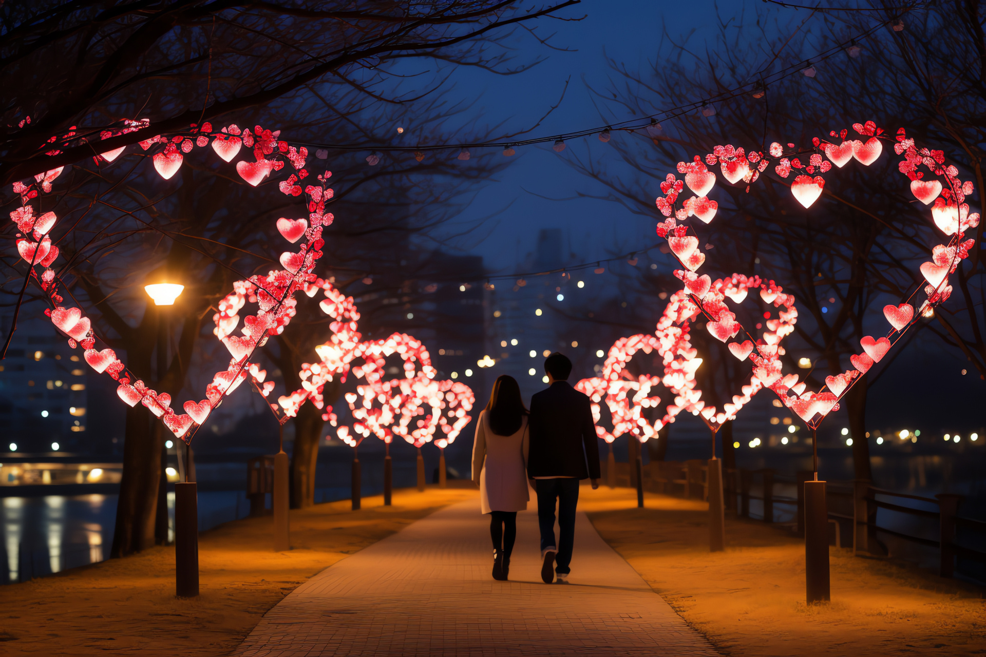 February romance, Idyllic garden, Festooned adornments, Illumination spectacle, Florally edged walkway, HD Desktop Wallpaper