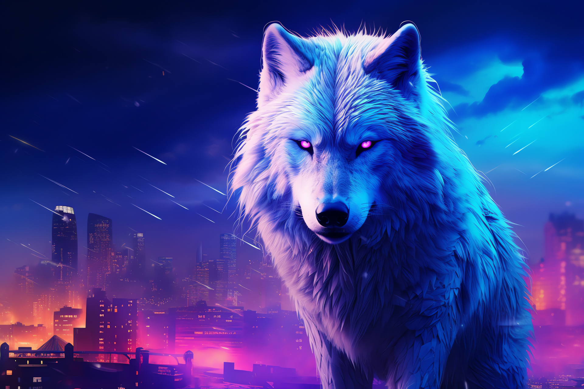 Arctic Wolf, neon eyes, rooftop view, cyber cityscape, glowing fur, HD Desktop Image