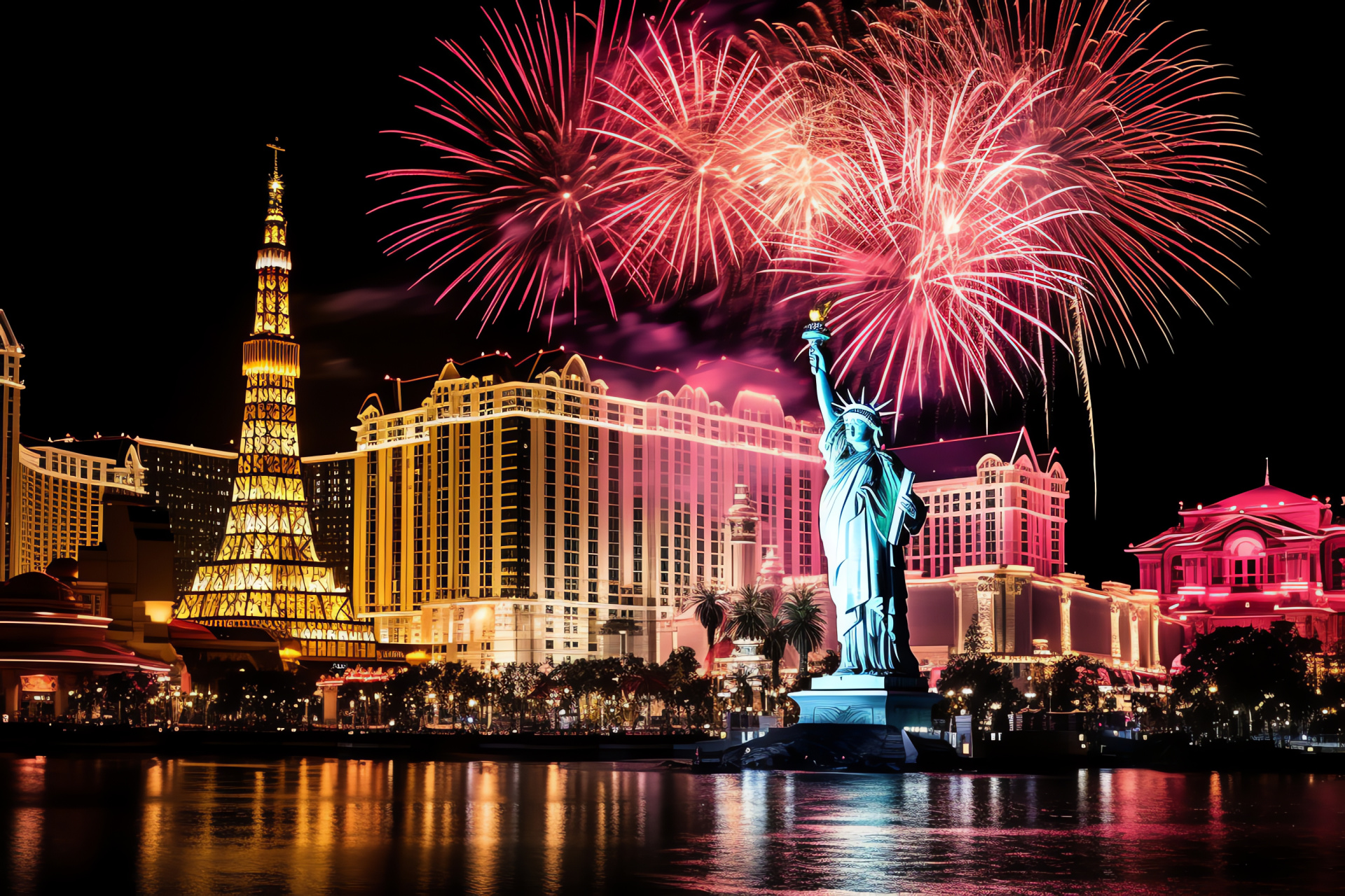 Las Vegas New Year, The Strip, Night lights, Theatrical performances, Celebratory fireworks, HD Desktop Wallpaper