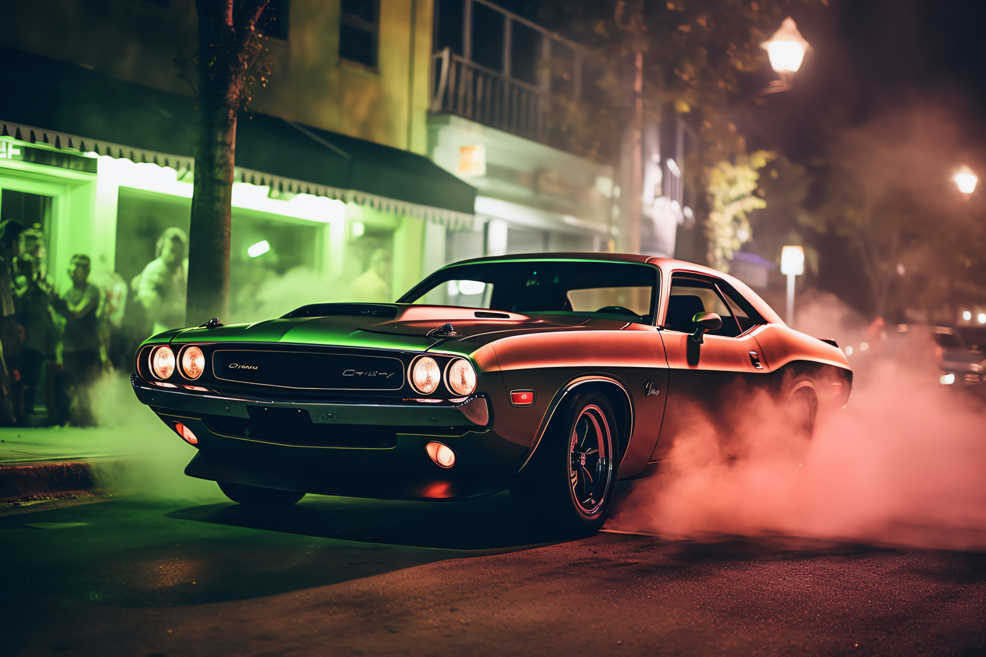 Dodge Challenger Hellcat, Miami nightlife, Automotive muscle, Tire traction, Luminous boulevard, HD Desktop Image