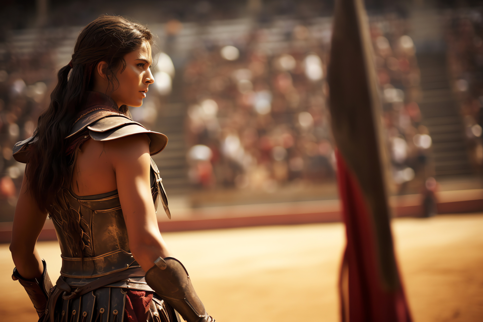 Gladiator drama Naevia, Combat scene, Armed warrior stance, Character mettle, Sand arena, HD Desktop Image