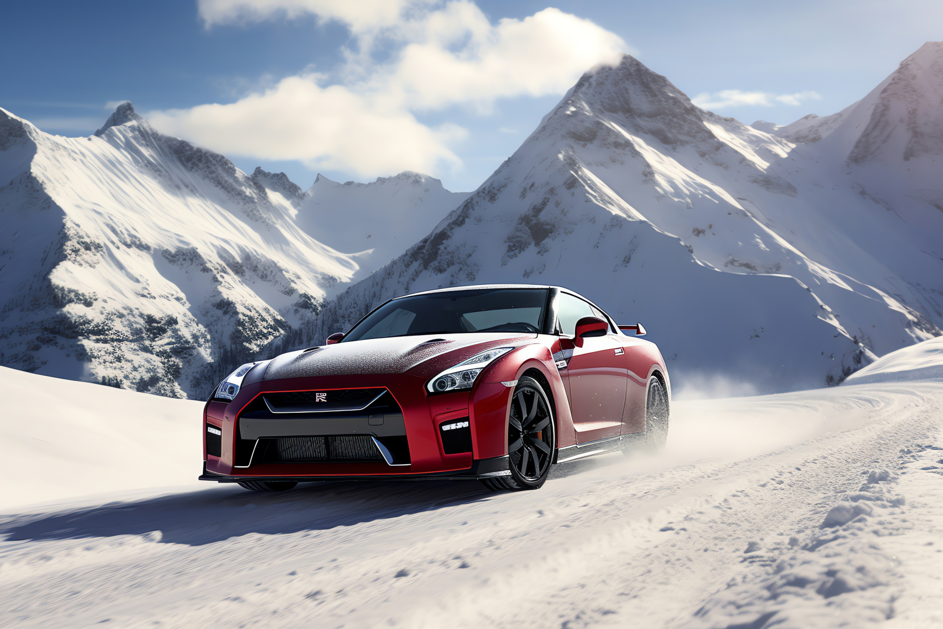 Nissan GTR, Swiss alpine backdrop, Precision engineering, Sportscar on mountain pass, Switzerland landscape, HD Desktop Image