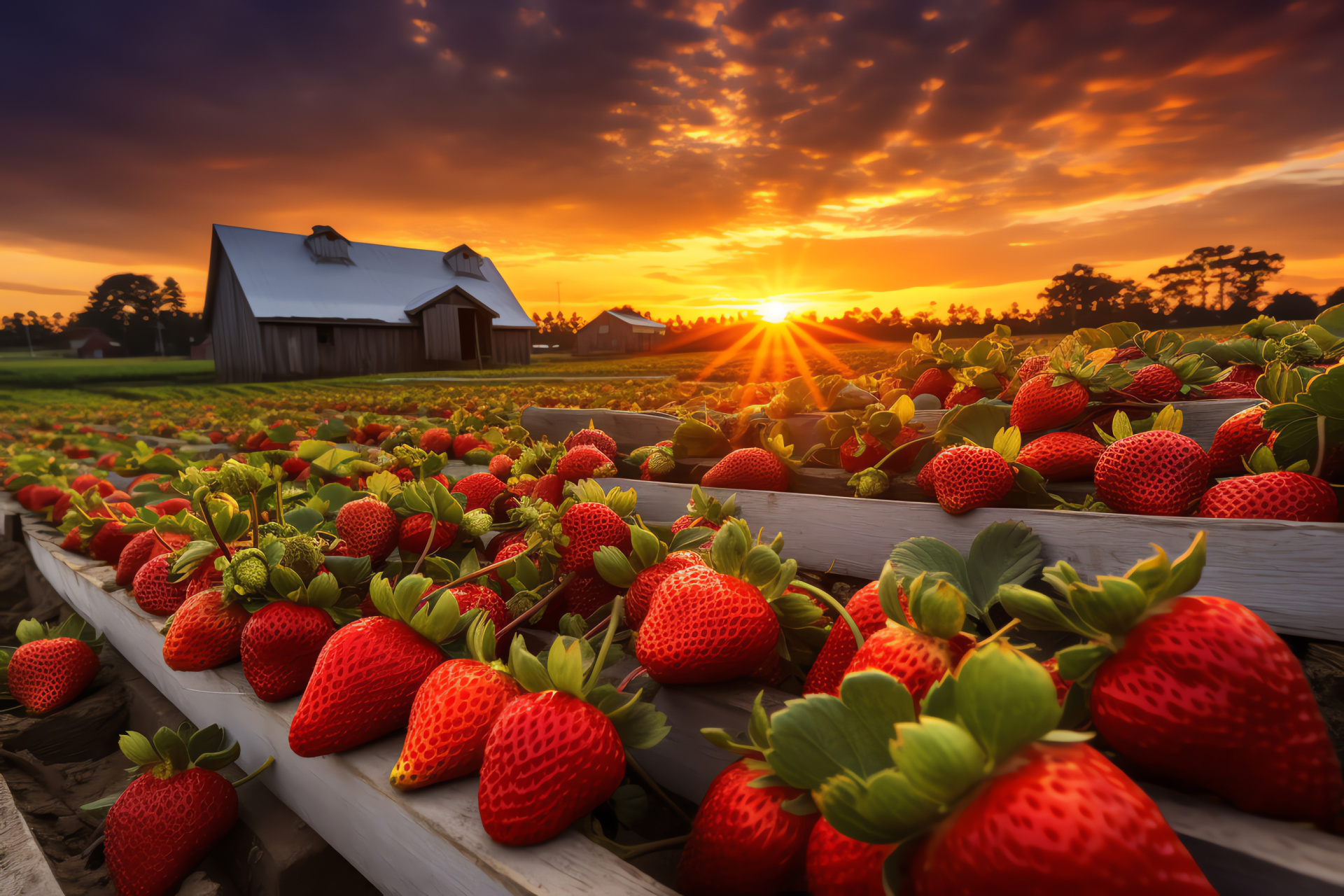 Cultivated field at dusk, berry farm landscape, evening sky colors, rural twilight, agricultural scenic, HD Desktop Wallpaper