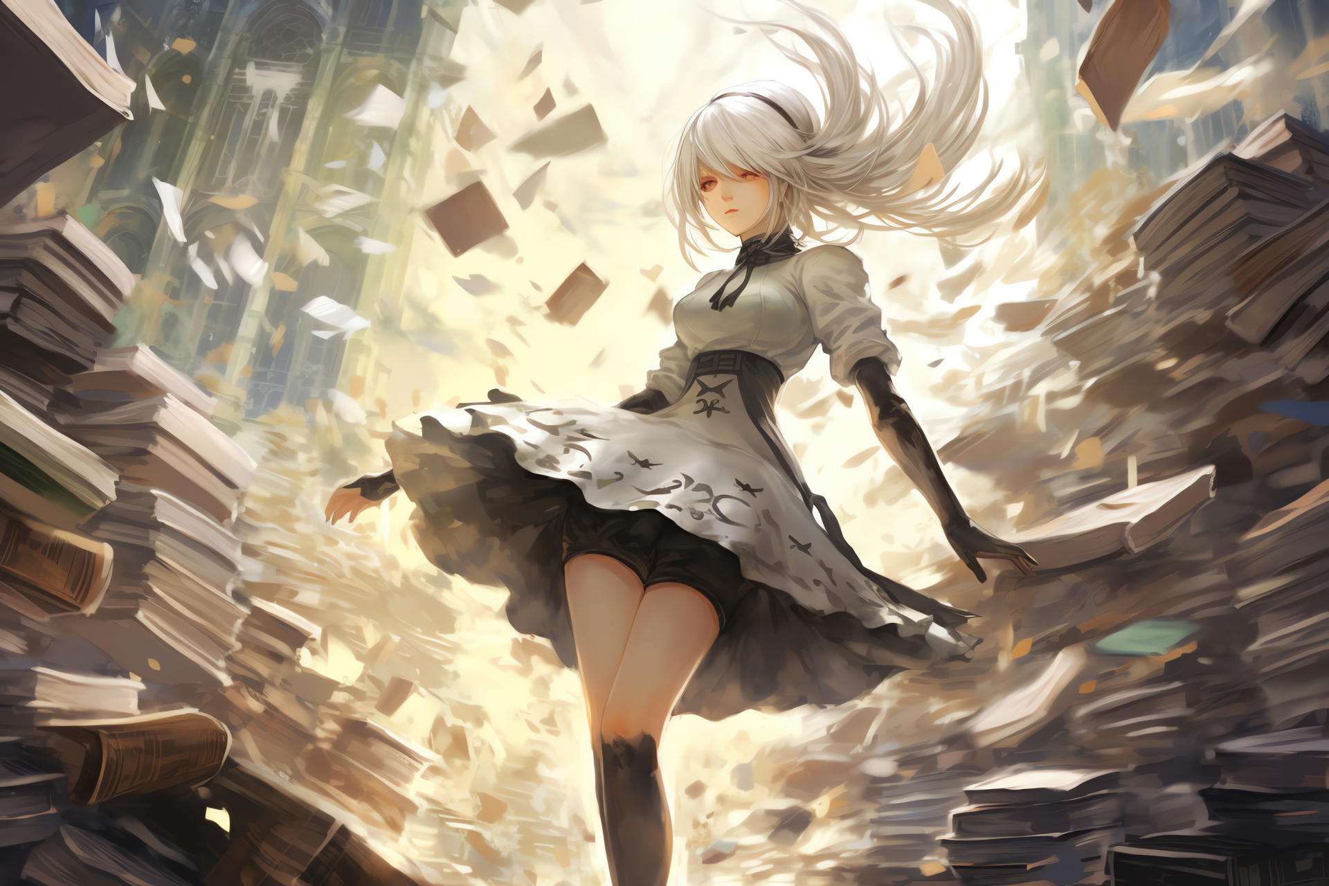 Nier Replicant, Dynamic battle scene, Arcane Grimoire Weiss, Celestial designs, Overpowering forces, HD Desktop Wallpaper