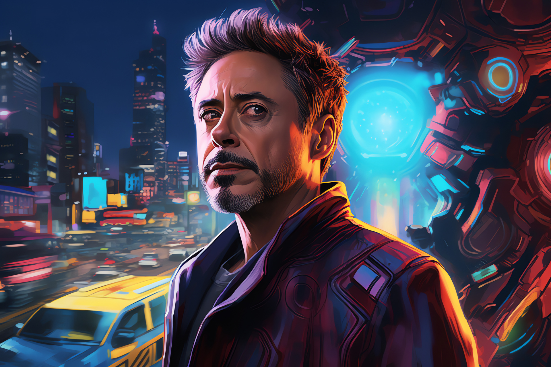 Robert Downey Jr, Cityscape depiction, Elevated view, Bright city lights, Colourful panorama, HD Desktop Wallpaper