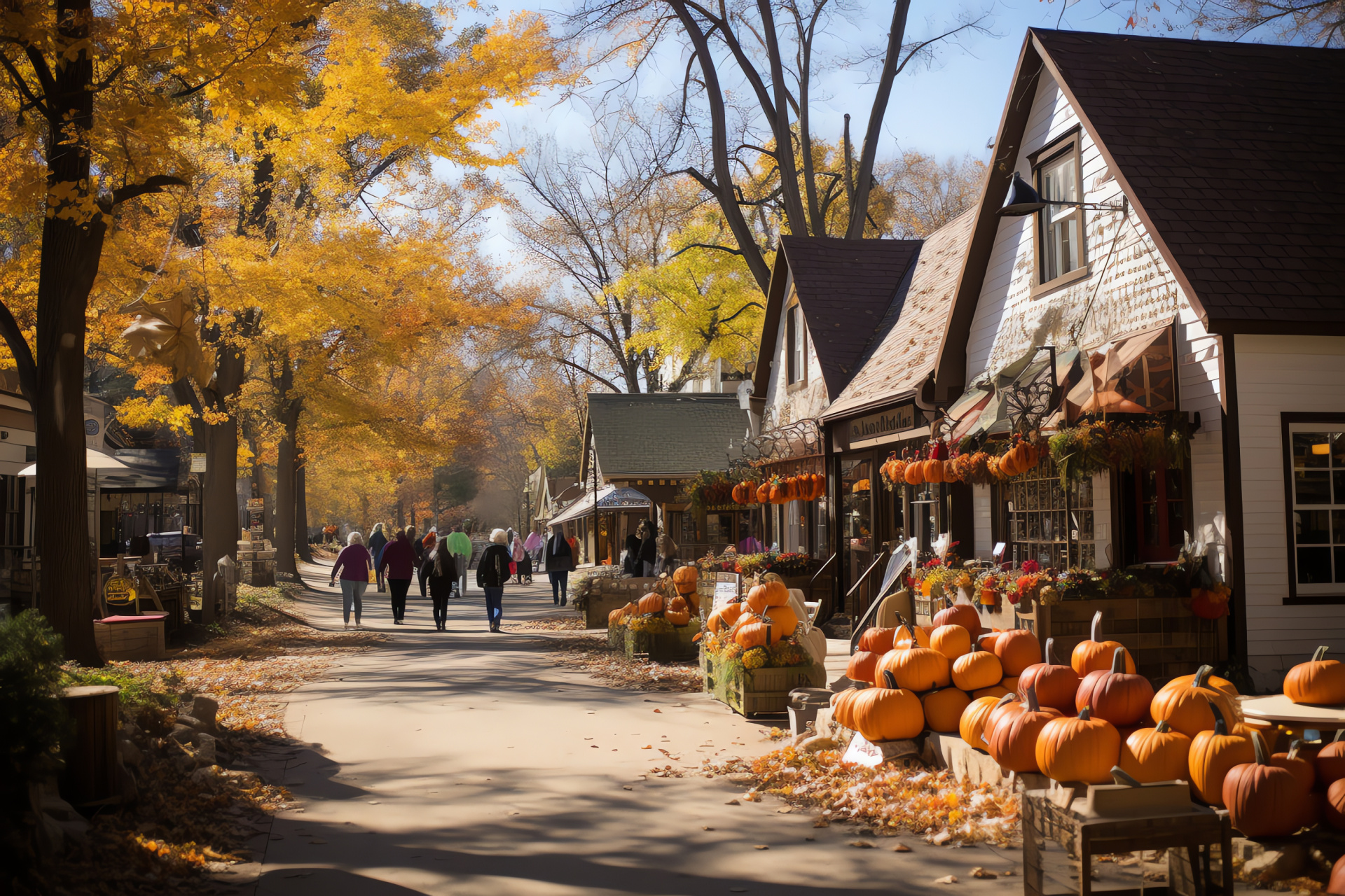 Holiday festivities in town, Quaint homes celebration, Thanksgiving village scene, Charming stone pathways, Old-world holiday charm, HD Desktop Wallpaper