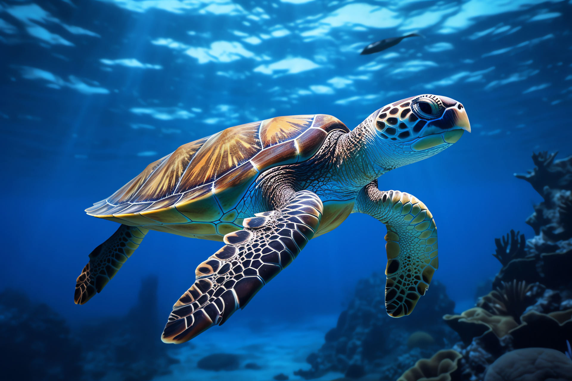 Tranquil Sea Turtle, Ocean reptile serenity, Blue water backdrop, Aquatic majestic glide, Shell detailing elegance, HD Desktop Image