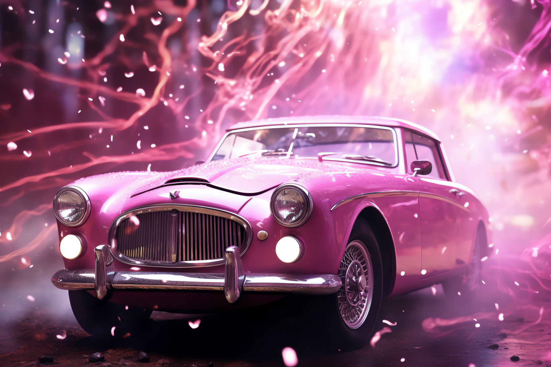 Pink Cars auto theme, Retrospective automotive, Ambient sparkle, Whirl patterns, Fantasy style, HD Desktop Image