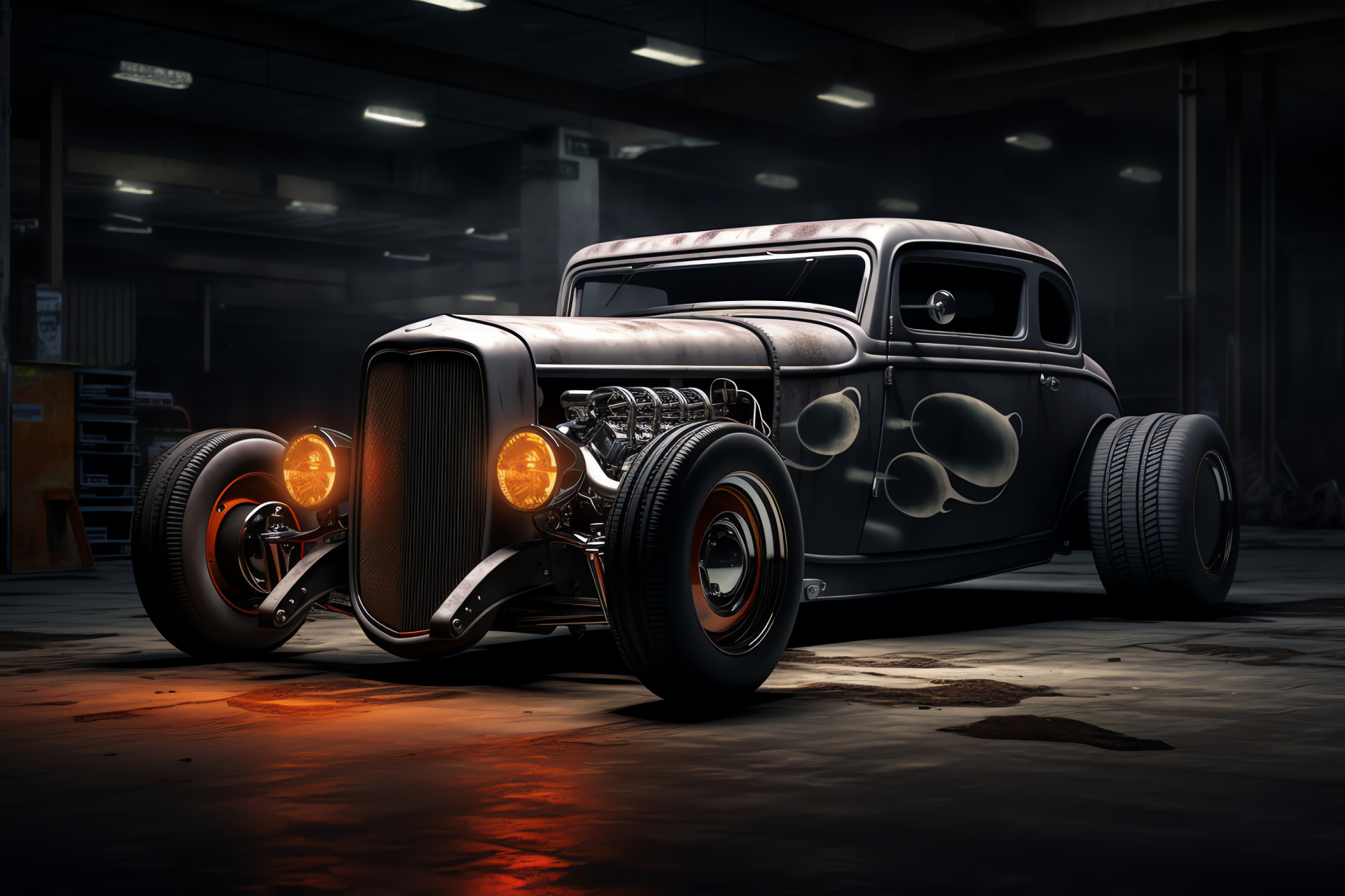 Rat Rod automobile, custom garage project, matte gray aesthetics, engine mechanics detail, vehicle creativity, HD Desktop Wallpaper