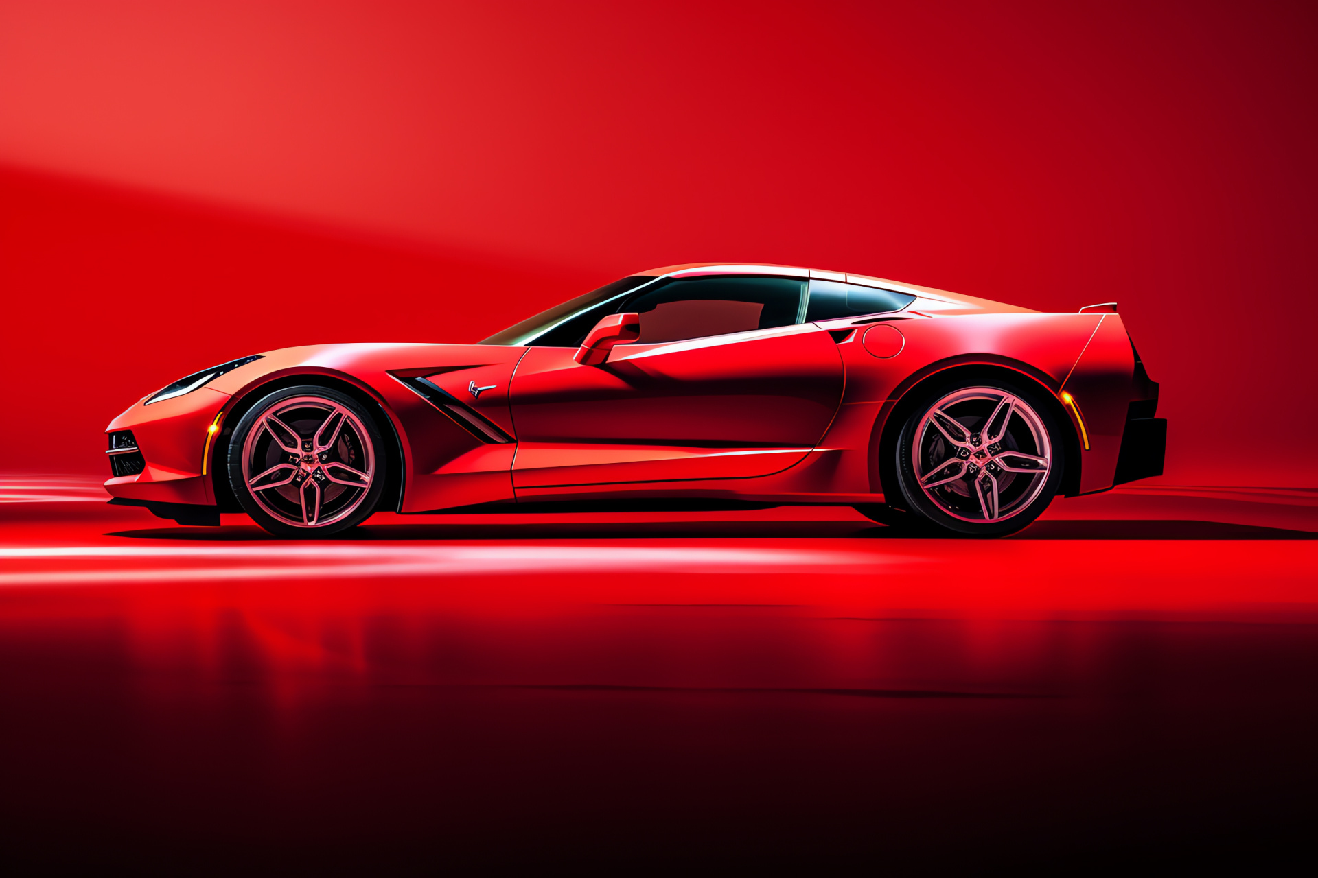 American sports car, Corvette iconic model, Show-stopping side profile, Red backdrop distinction, High-octane performance, HD Desktop Image