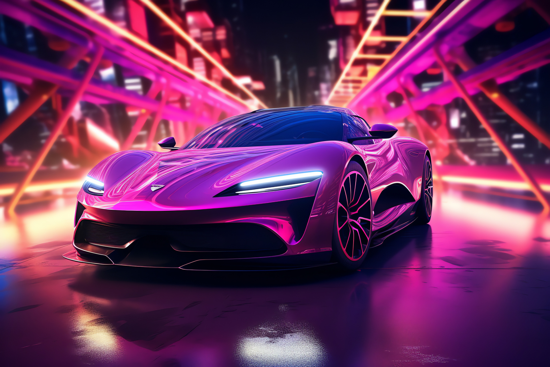 Pink future automotive design, neon light brilliance, aerial vehicle angle, pioneering design concepts, luminous impact, HD Desktop Wallpaper