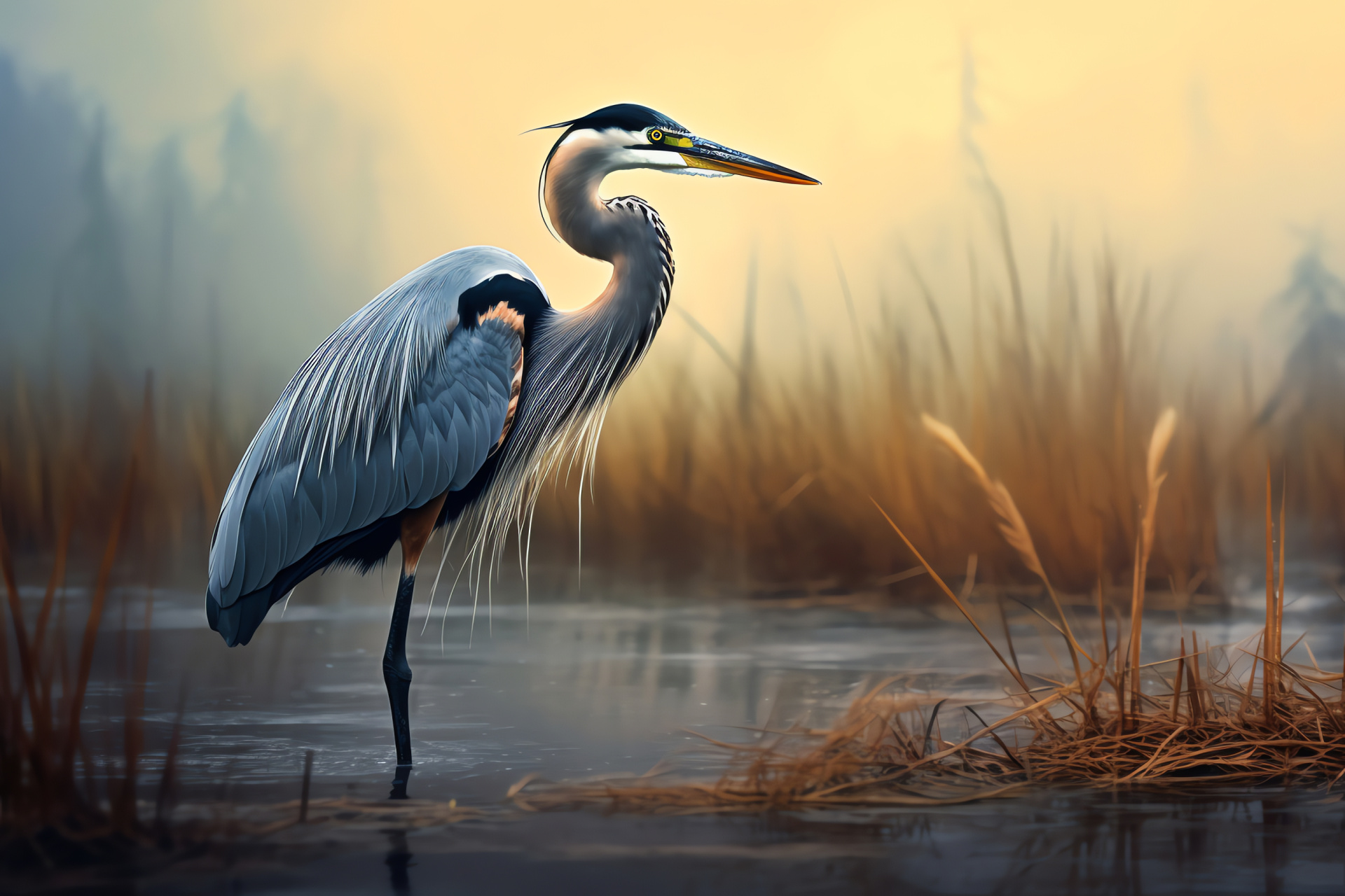 Great Blue Heron, wading bird, long-legged waterfowl, slate gray plumage, freshwater habitat, HD Desktop Wallpaper