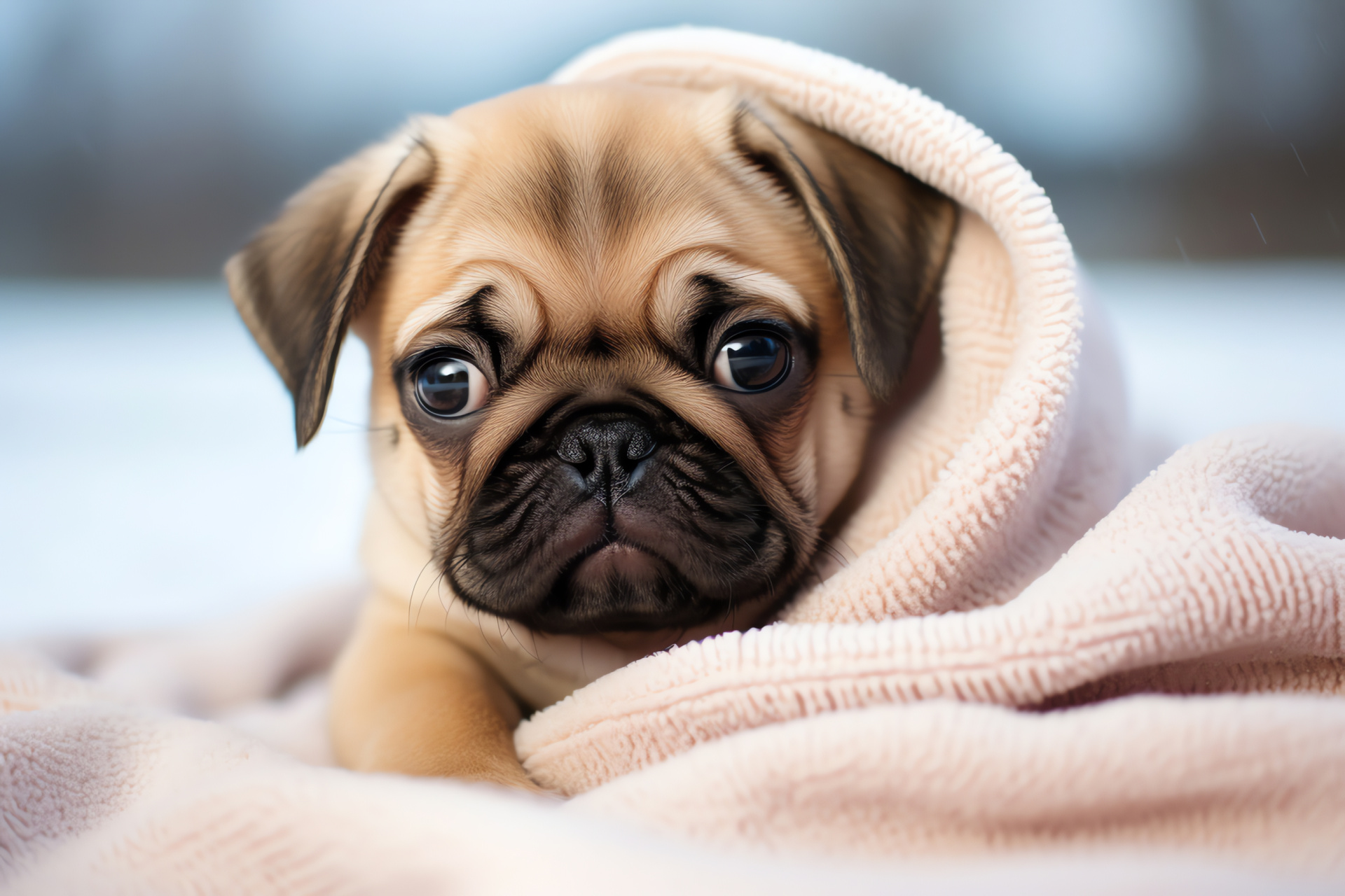 Playful Pug pup, warm brown eyes, sleek caramel fur, endearing black muzzle, floppy-earred charm, HD Desktop Wallpaper