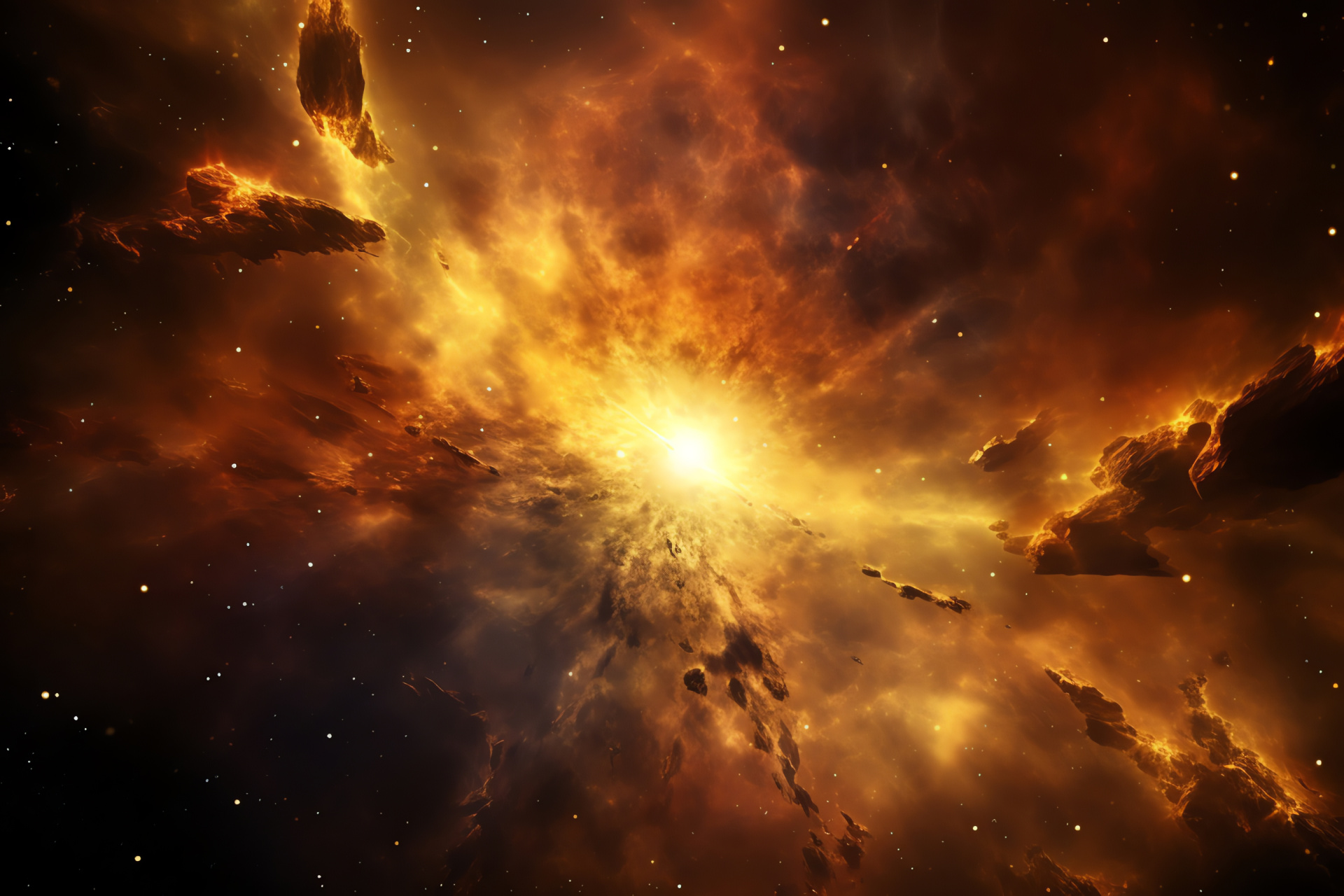 Stellar eruption, aureate brilliance, chromatic intensity, space phenomenon, hypernova aftershock, HD Desktop Image