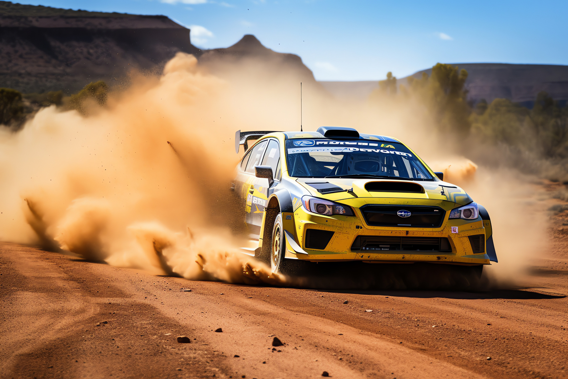 Subaru WRX rally mode, Outback Australian backdrop, formidable front grill feature, racing lights, dust-coated vehicle, HD Desktop Wallpaper