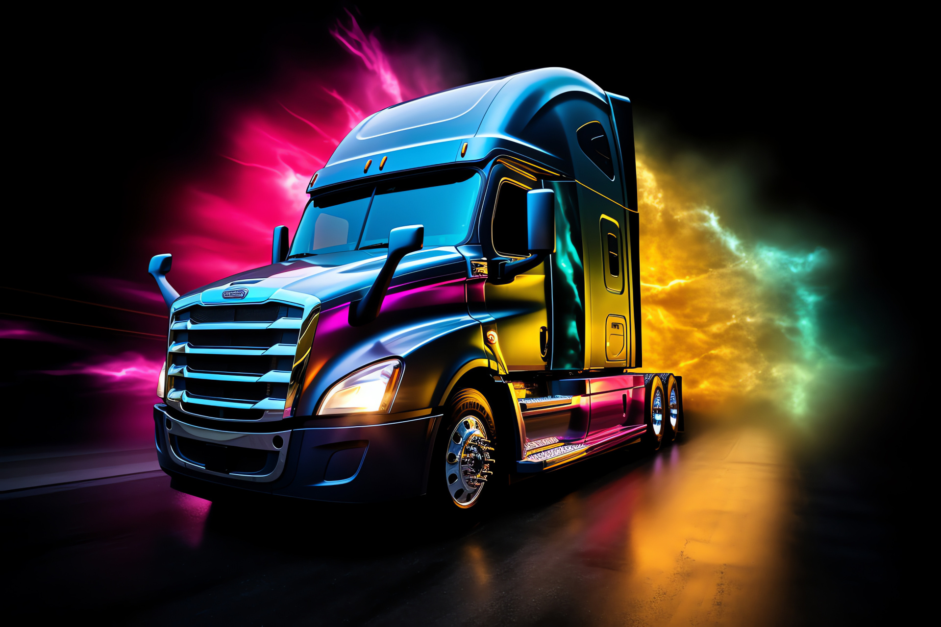 Freightliner Cascadia, Nighttime trucking, Neon illumination, Sleek design, Automotive image, HD Desktop Image