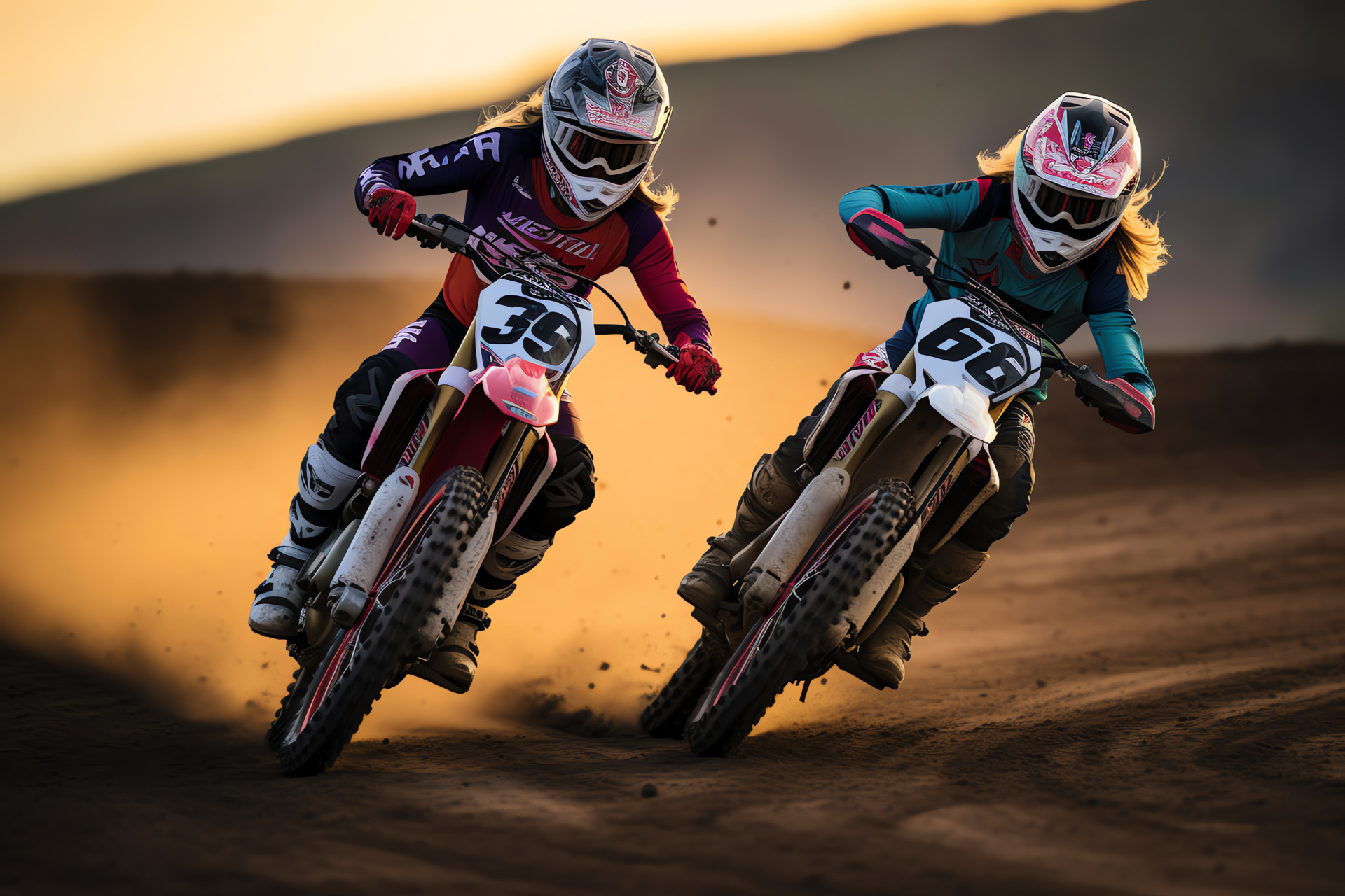 Supercross female racers, Off-road competition, Athletic racing attire, Motorbike rally, Extreme sport agility, HD Desktop Image