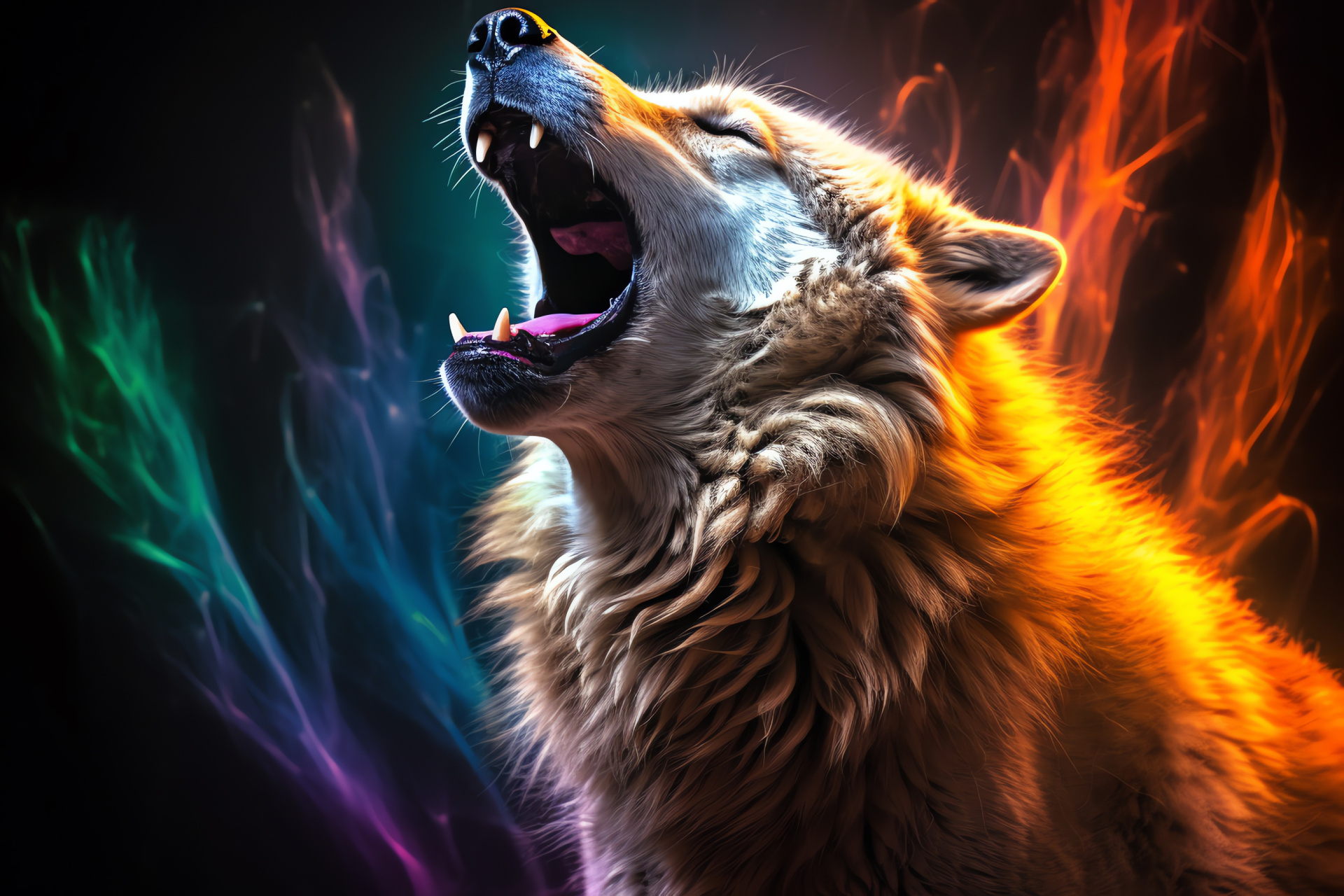 Vocal Canis lupus alpha, leadership stance, intense ocular hue, white wilderness fur, Arctic pack member, HD Desktop Image