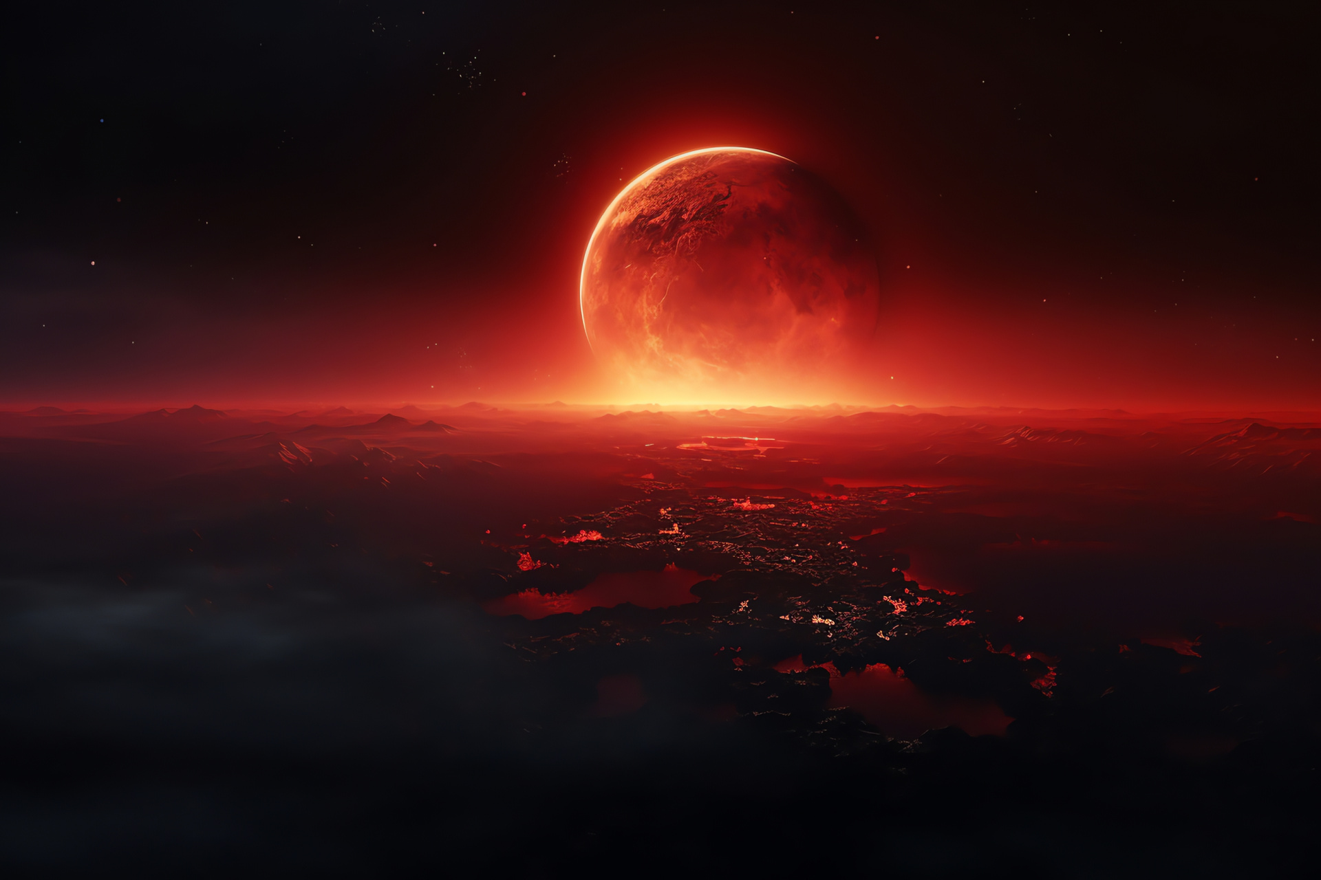 Lunar spectacle, Reddish globe, Infinite cosmos, Intense carmine, Mysterious radiance, HD Desktop Image