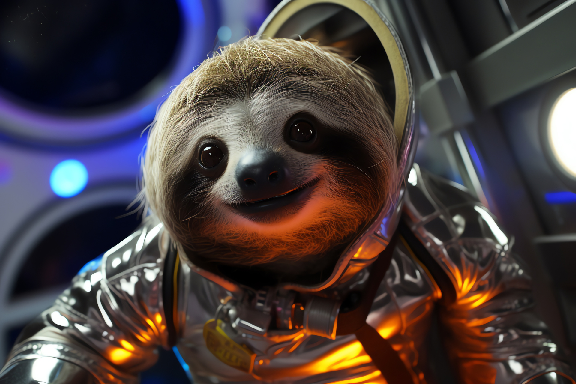 Intergalactic Slothstronaut, Silver suit, Space exploration theme, Neon illumination, Brown-eyed curiosity, HD Desktop Image